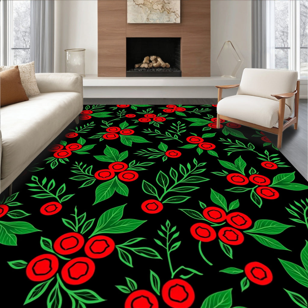 Red Berry Green Foliage Black Background Rug