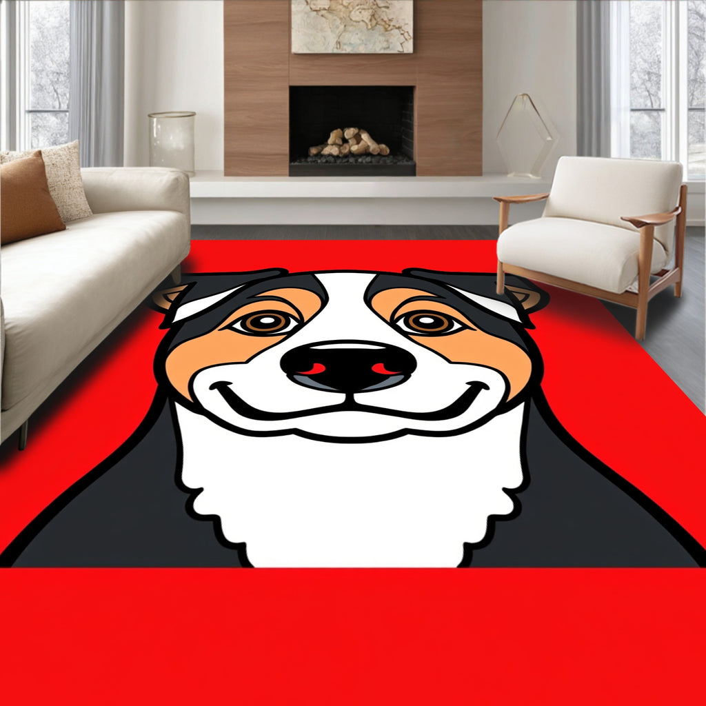 Happy Tri-Color Dog Portrait Bright Red Rug
