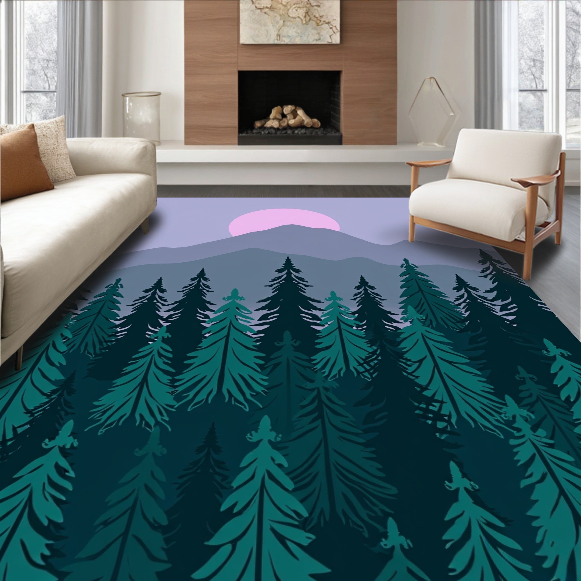 Forest Moon Serene Landscape Trees Rug