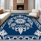 Deep Blue White Floral Medallion Frame Rug
