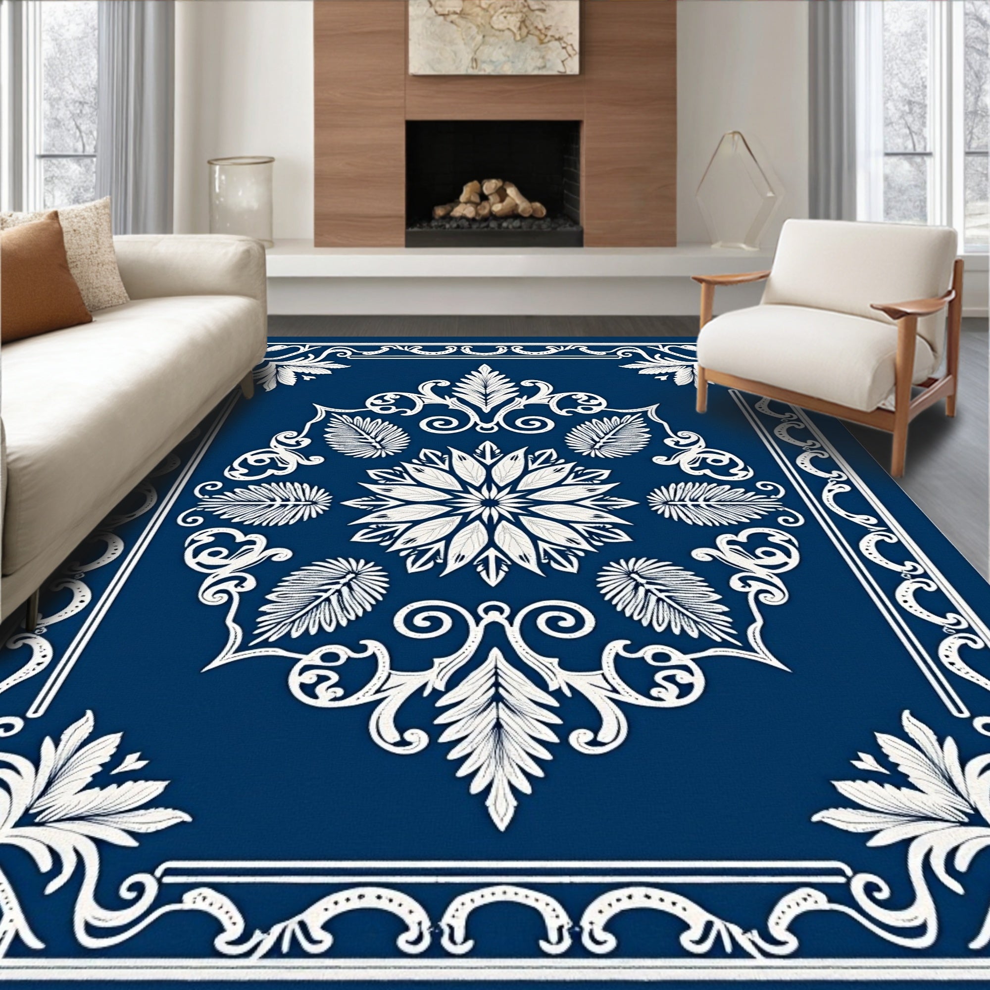 Deep Blue White Floral Medallion Frame Rug