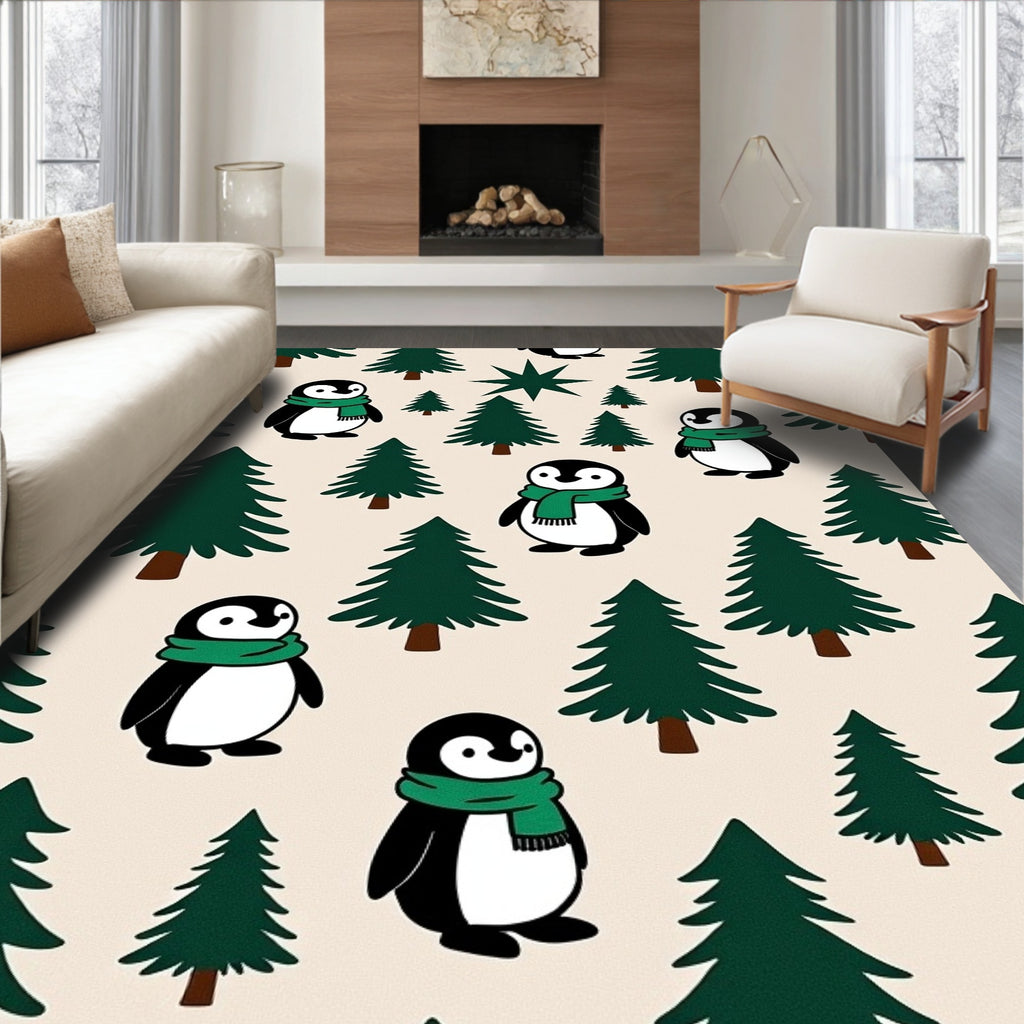 Green Scarf Penguin Holiday Trees Rug