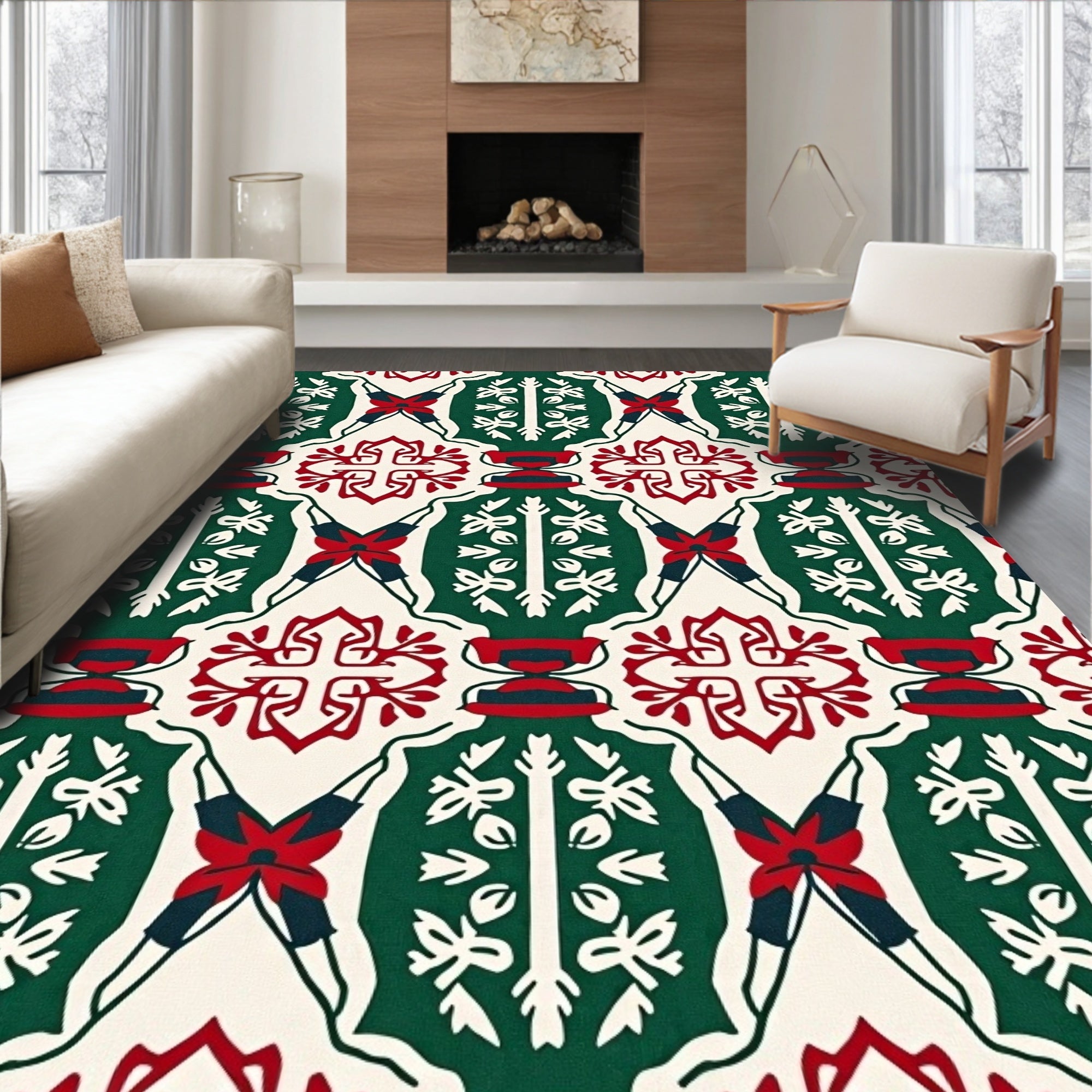 Emerald Red Ivory Geometric Medallion Rug