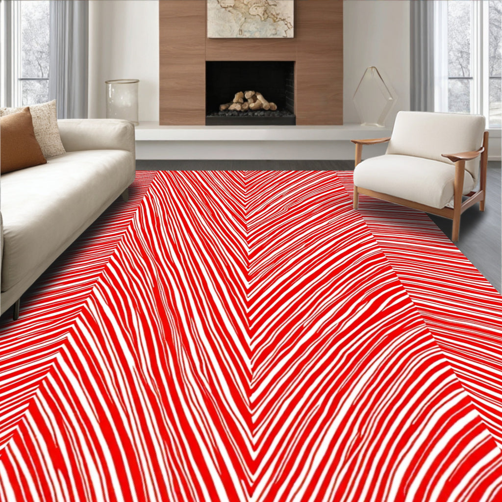 Crimson White Line Abstract Geometric Rug