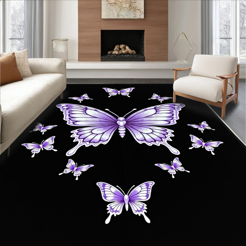 Purple Butterfly Collage Black Background Rug