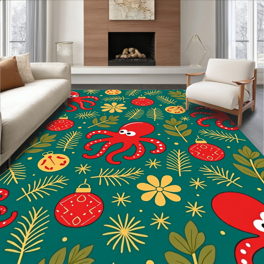 Red Octopus Christmas Ornament Foliage Rug