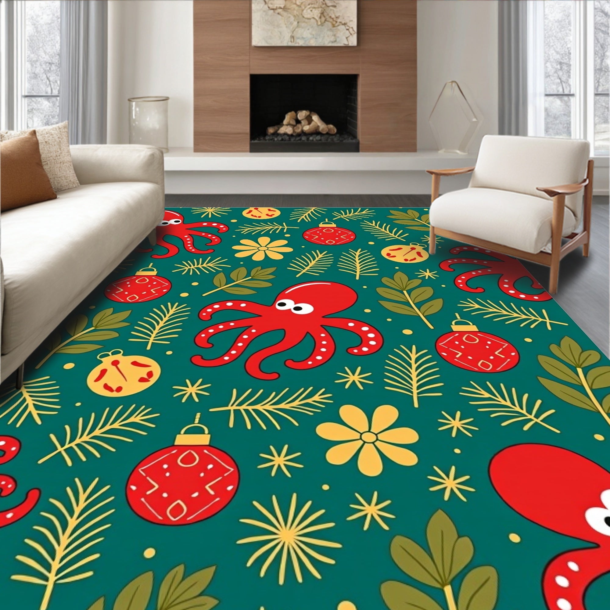 Red Octopus Christmas Ornament Foliage Rug