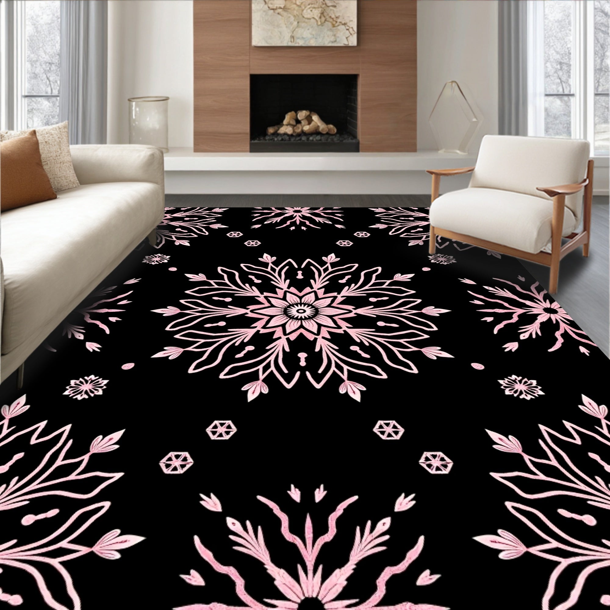 Pink Snowflake Mandala Burst Rug