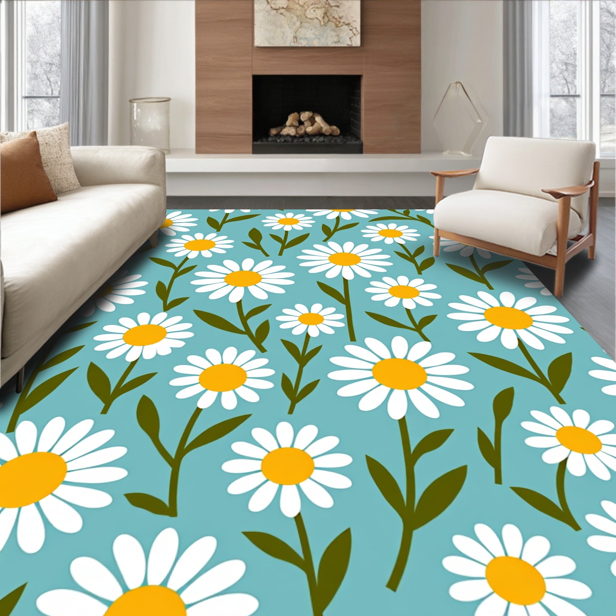 Whimsical White Daisy Meadow Rug