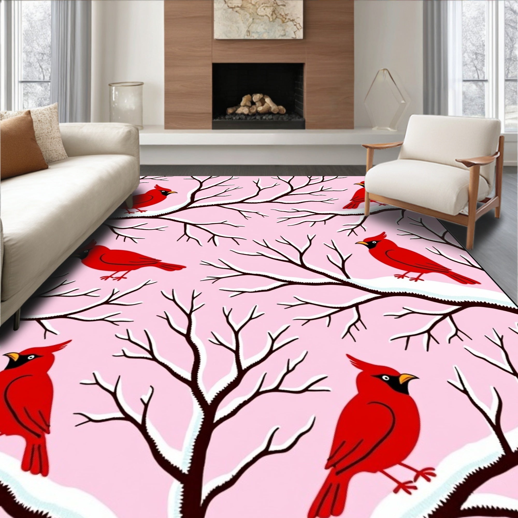 Crimson Cardinals Winter Snow Branches Rug