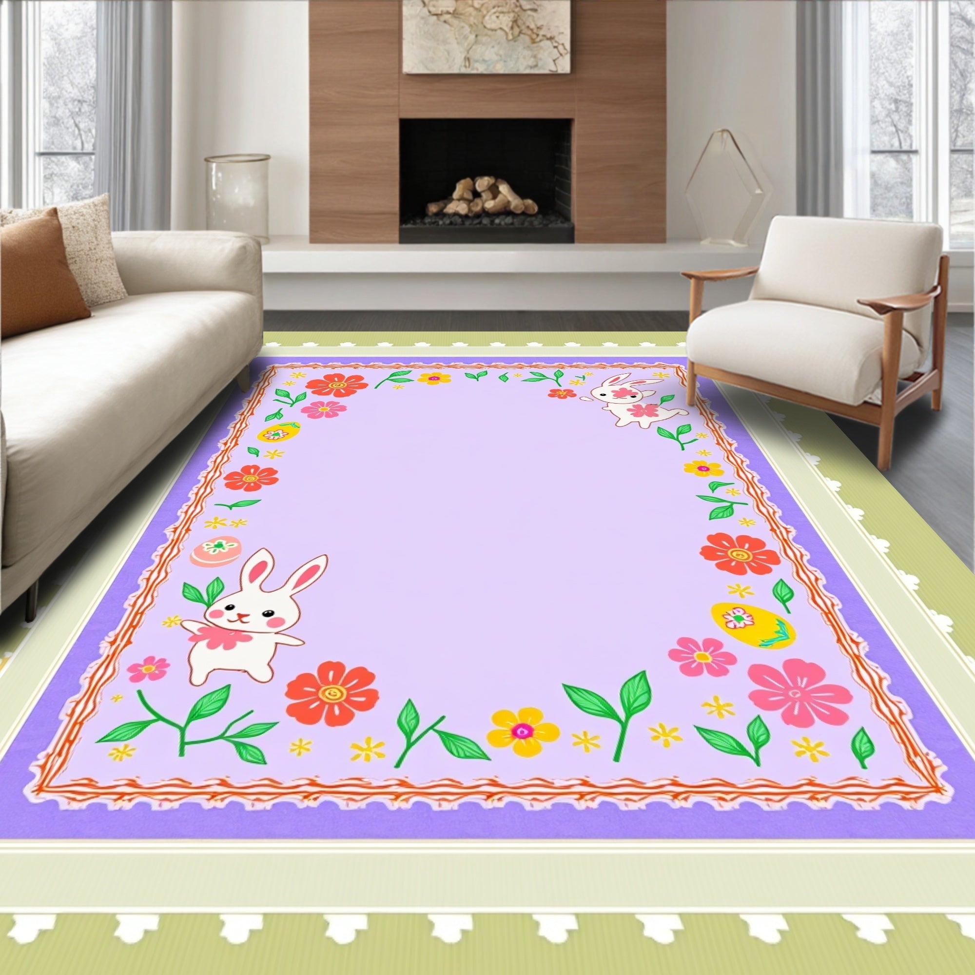 Playful Easter Bunny Blooming Floral Border Rug