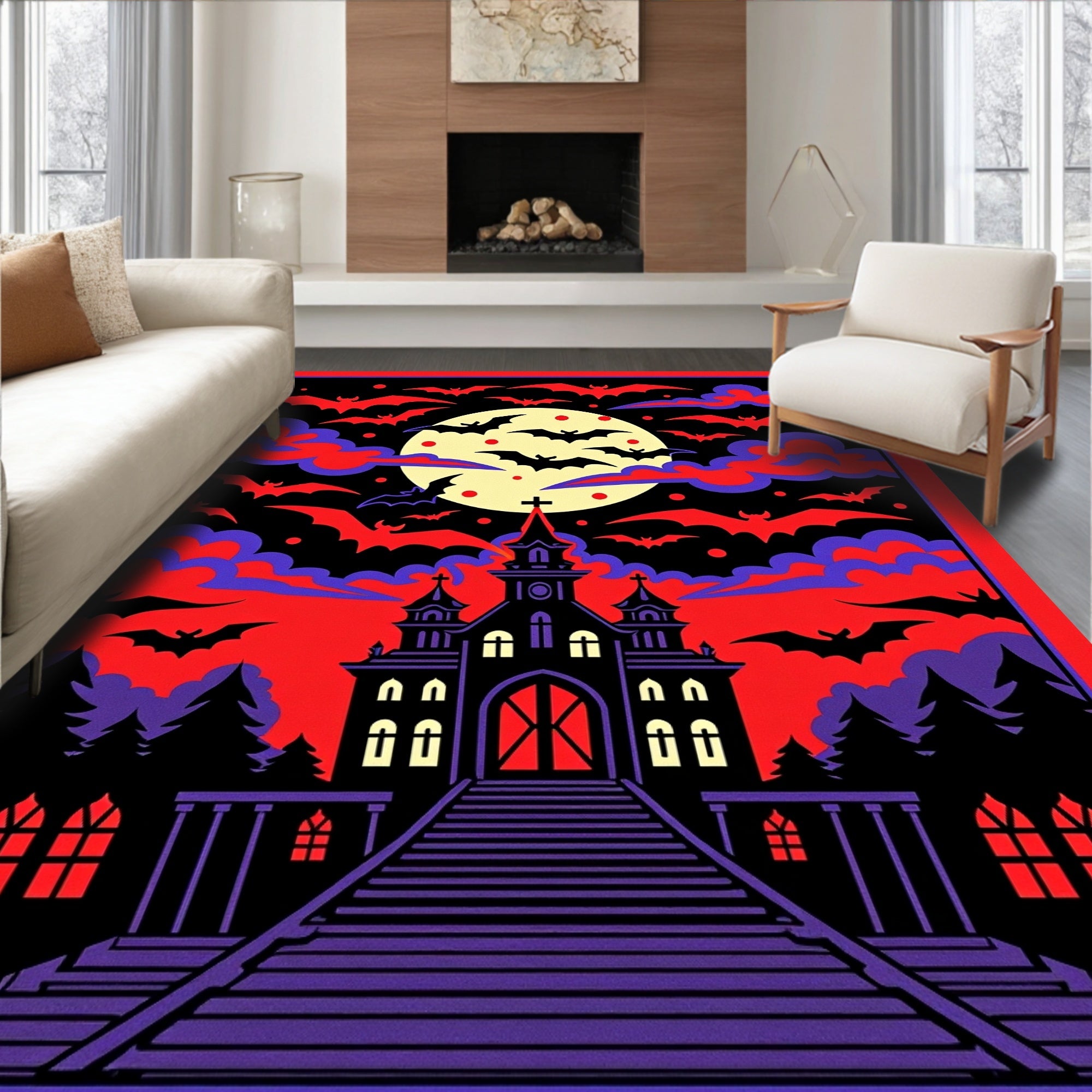 Spooky Church Bats Moon Halloween Night Rug