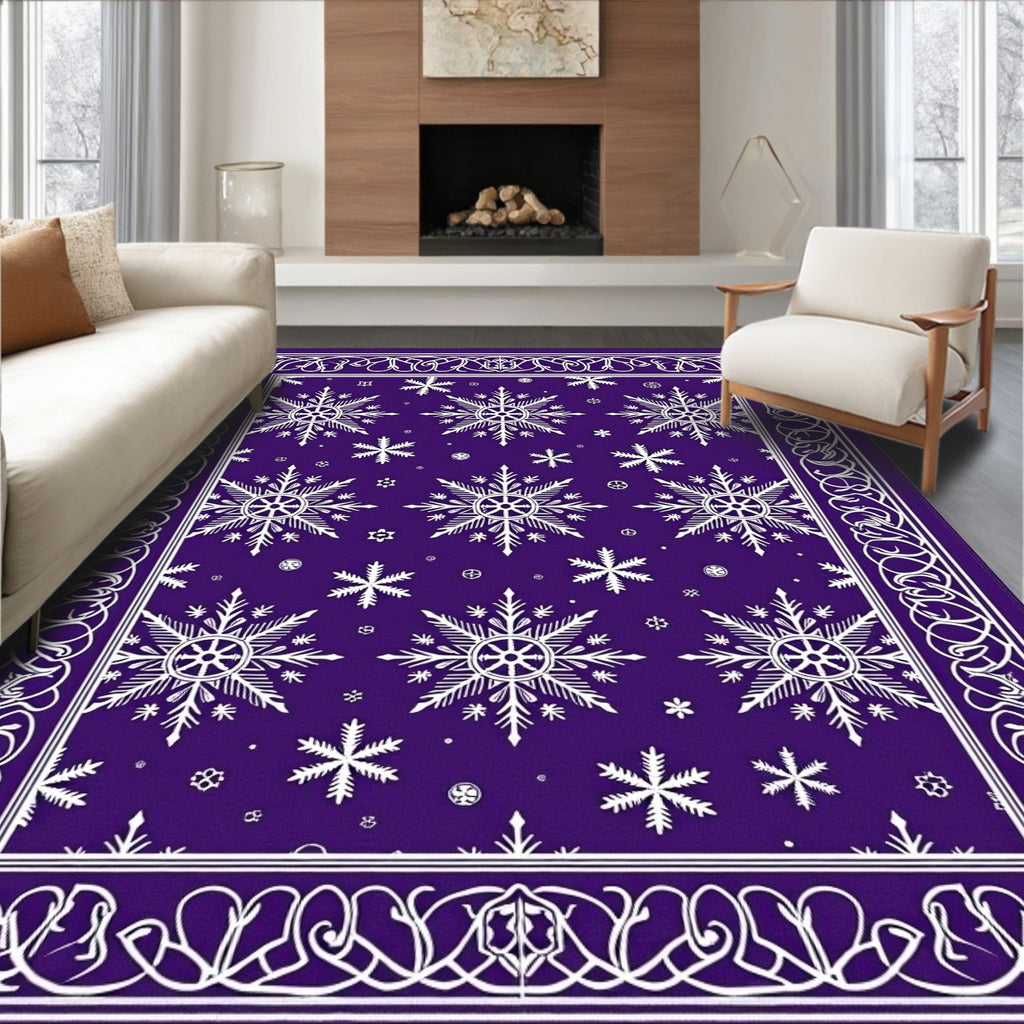Purple White Snowflake Medallion Border Rug