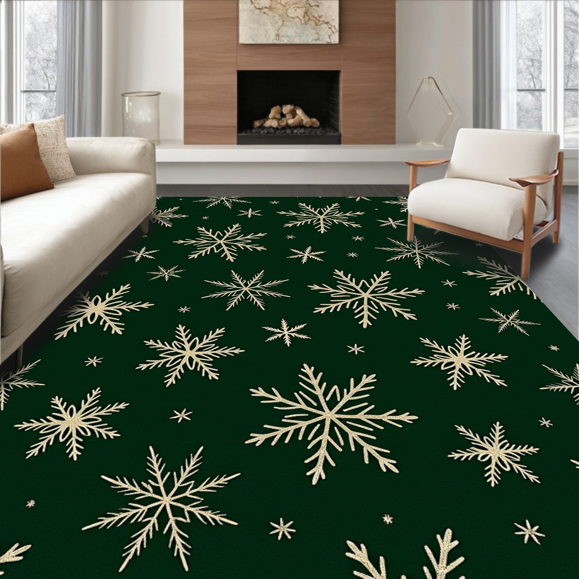 Golden Snowflakes on Forest Green Background Rug