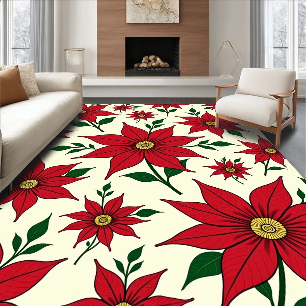 Red Poinsettia Floral Sprigs Rug