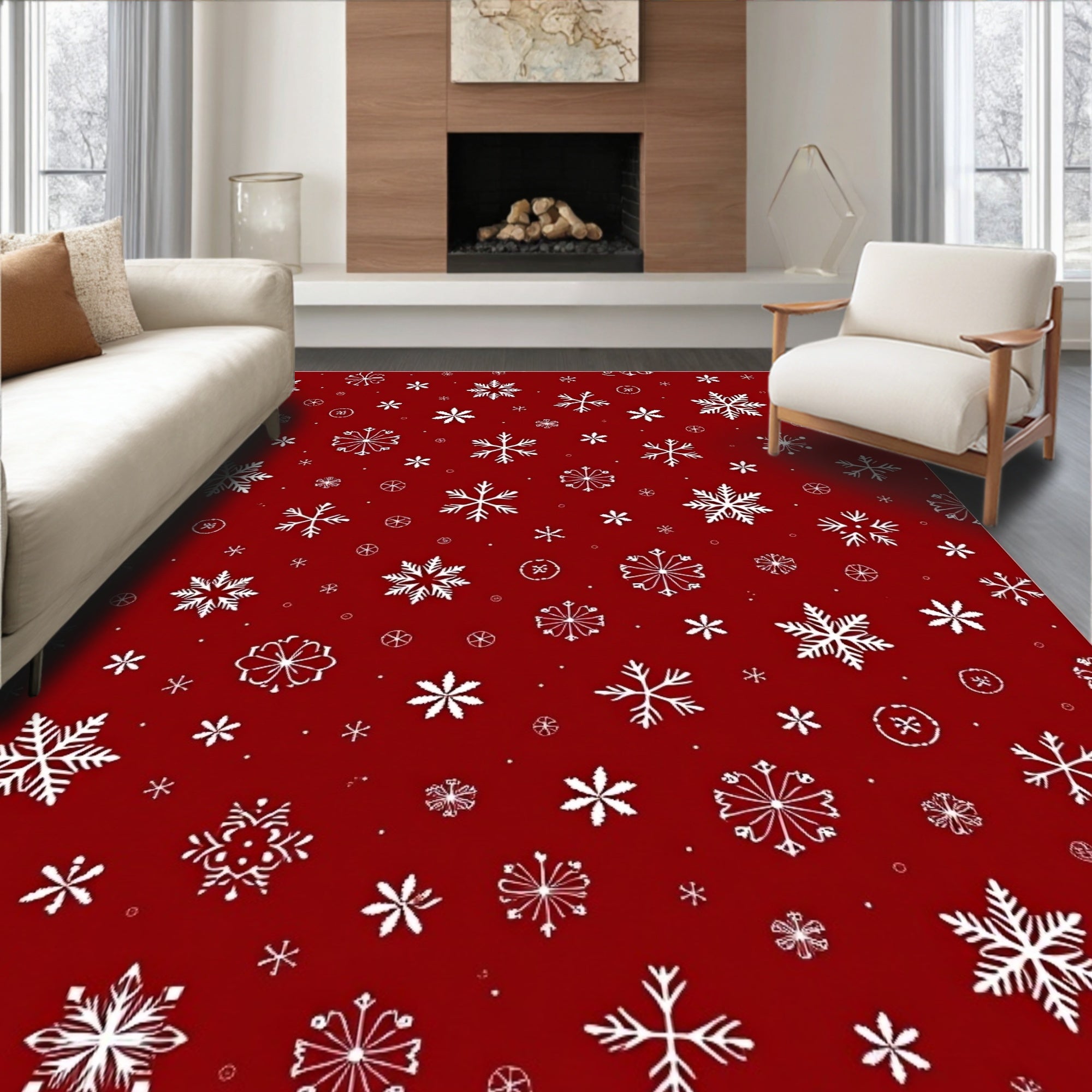 Red White Cold Winter Flakes Rug