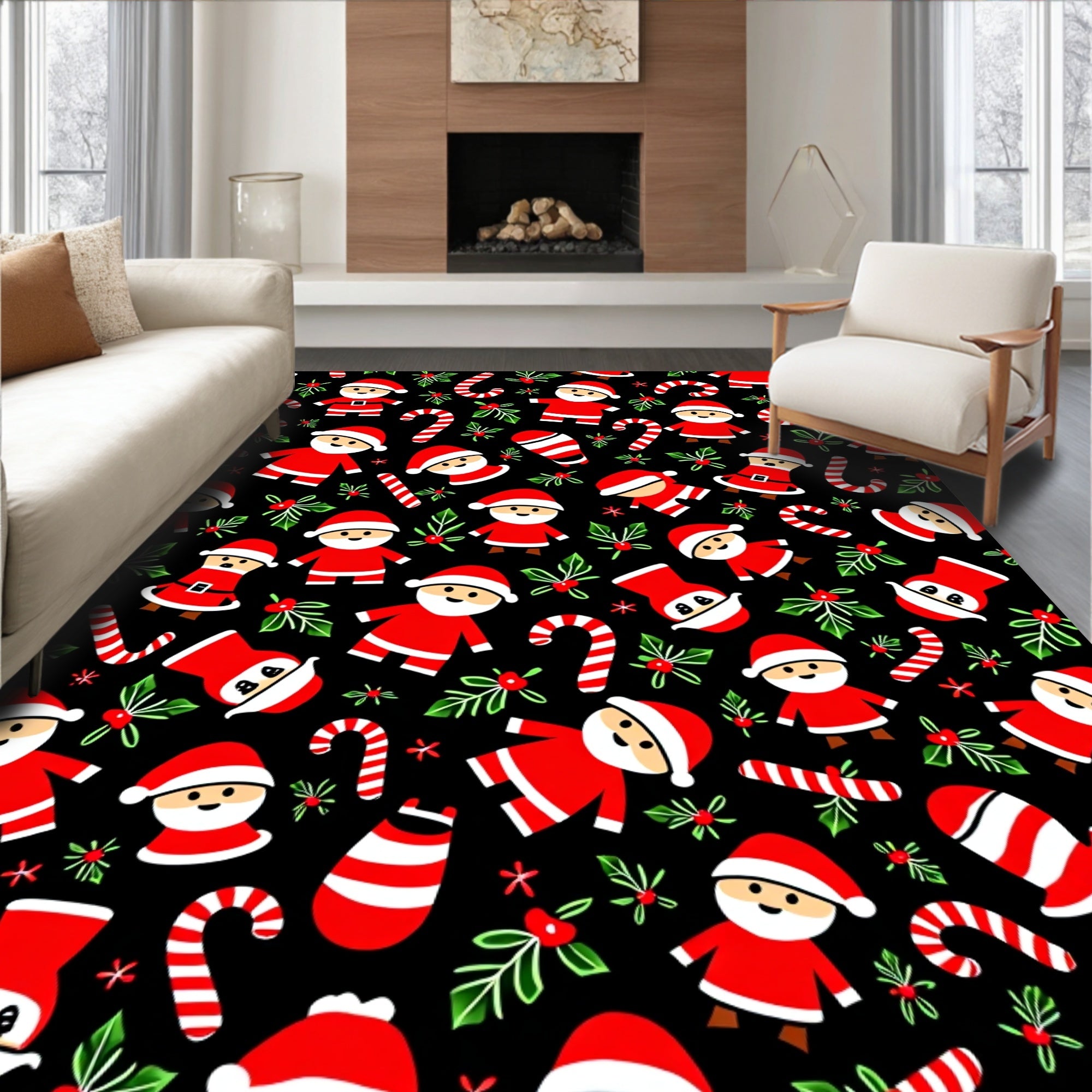 Festive Santa Candy Cane Holly Black Rug