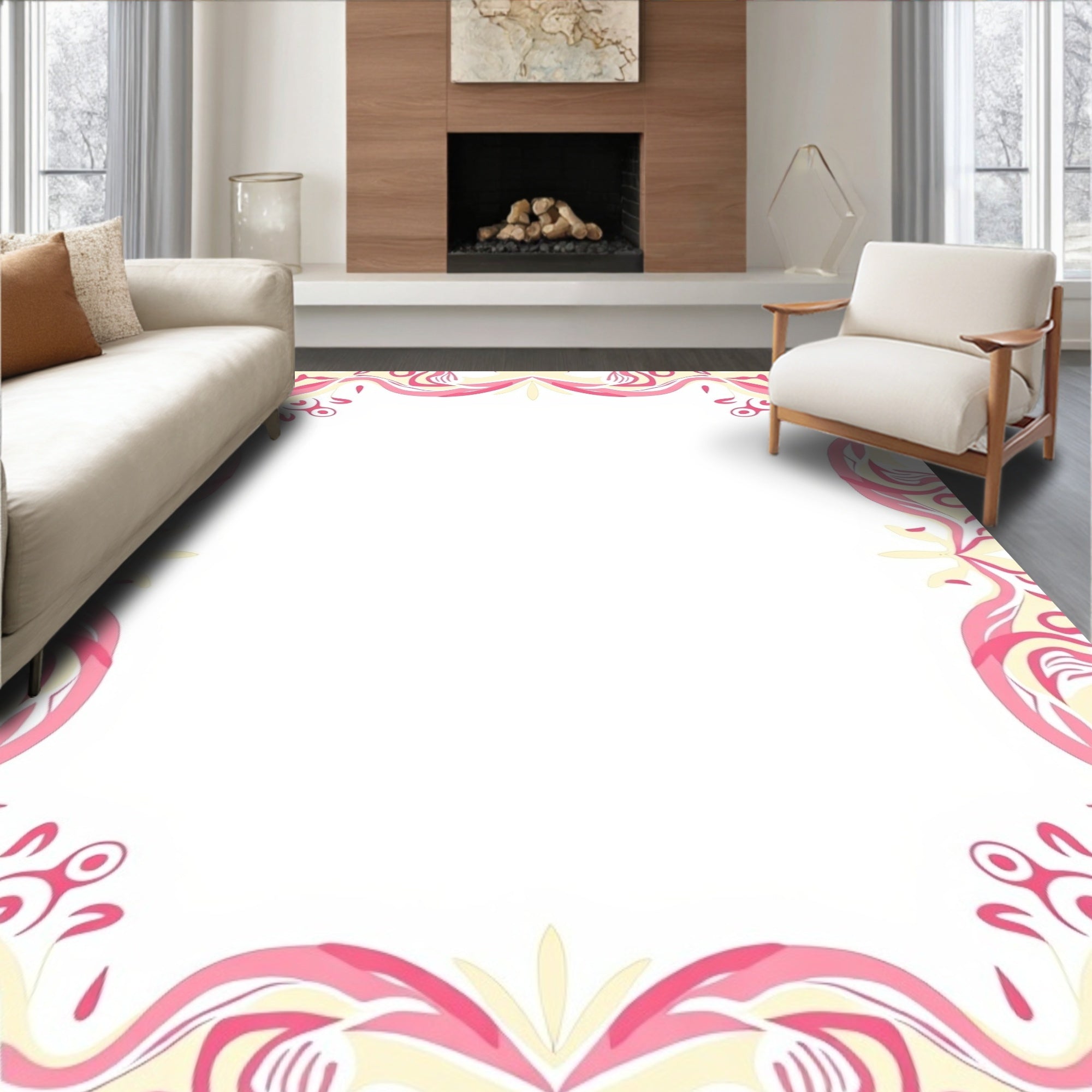 Pink Cream Swirl Floral Border Rug