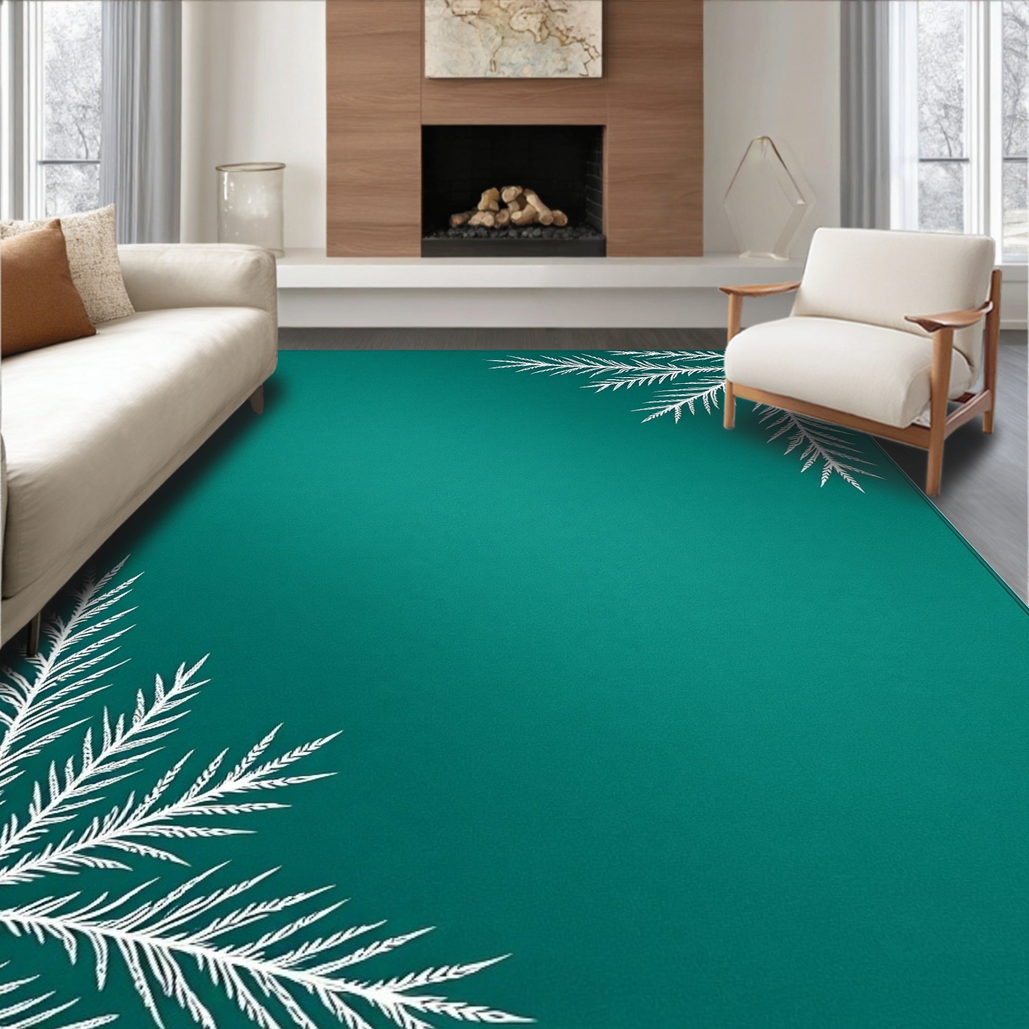 White Fern Sprigs Teal Rug