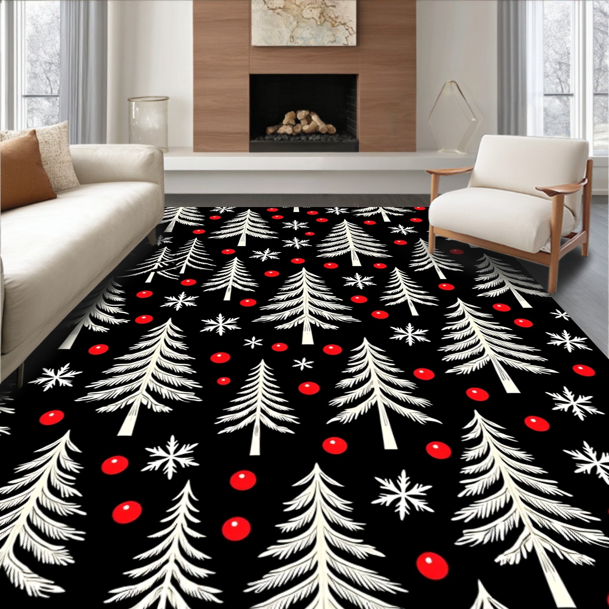 Black White Pine Snowflakes Berry Rug