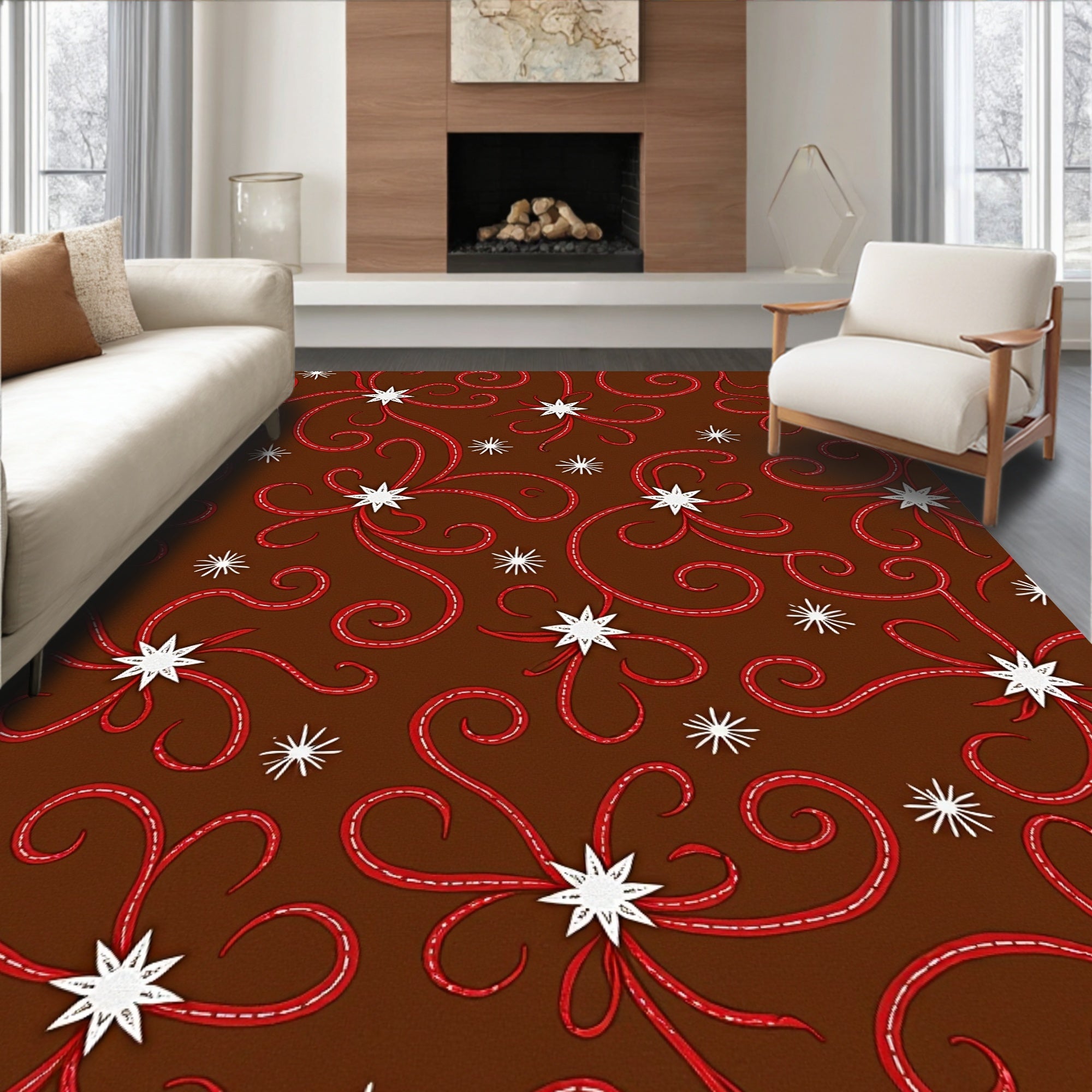 Brown Red Swirl Starburst Textile Rug