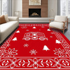 Red Camper Holiday Trees Poinsettias Border Rug