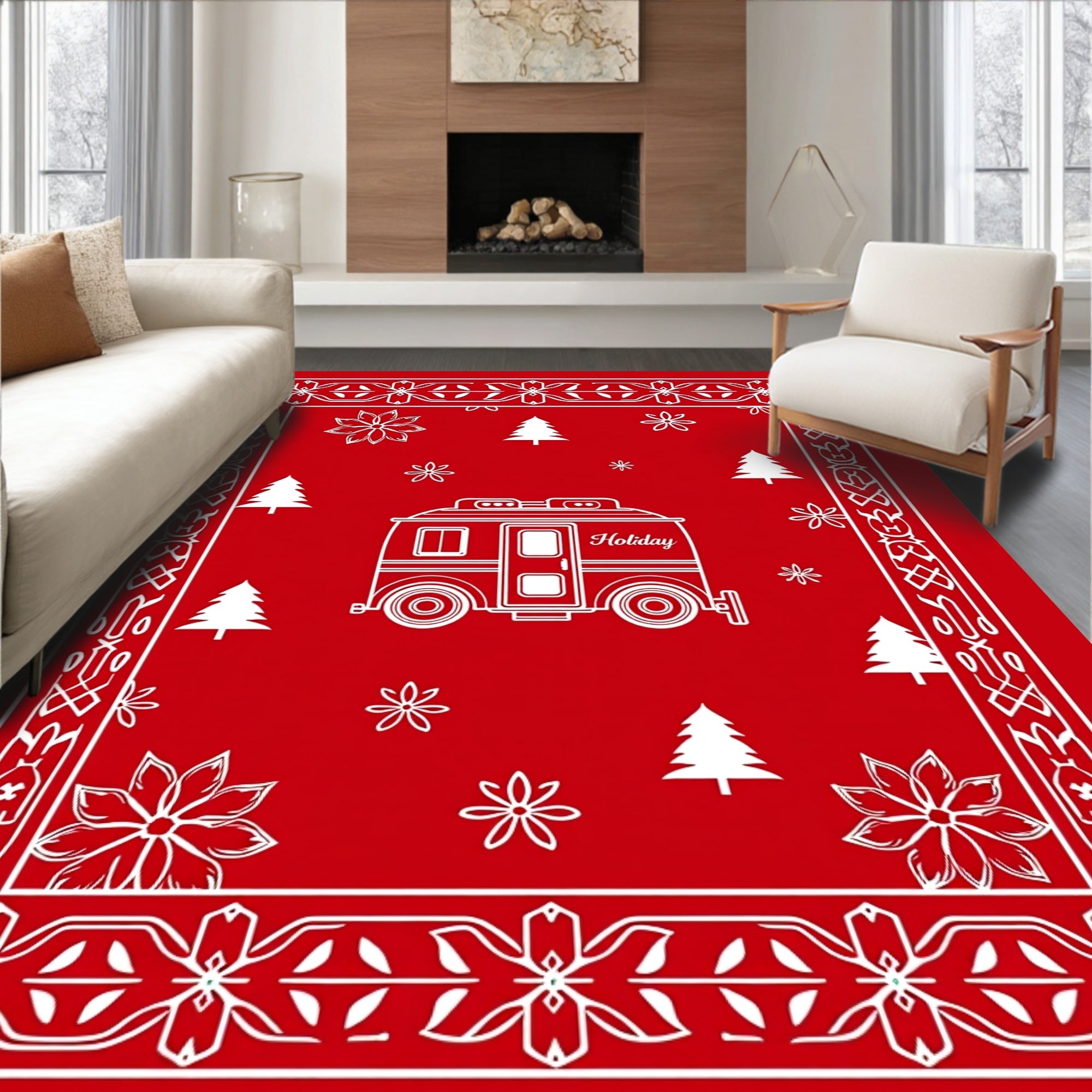 Red Camper Holiday Trees Poinsettias Border Rug