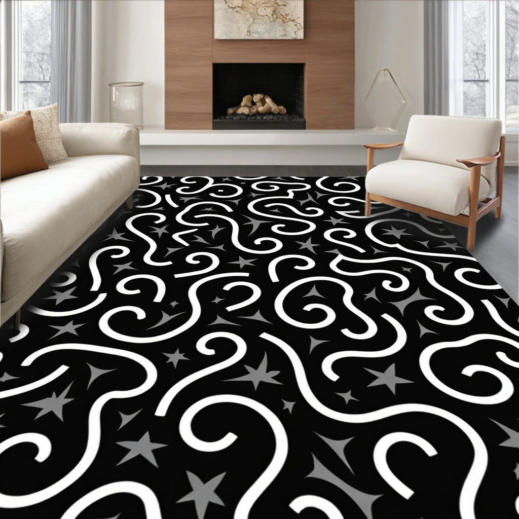 Whimsical Black White Spiral Star Rug