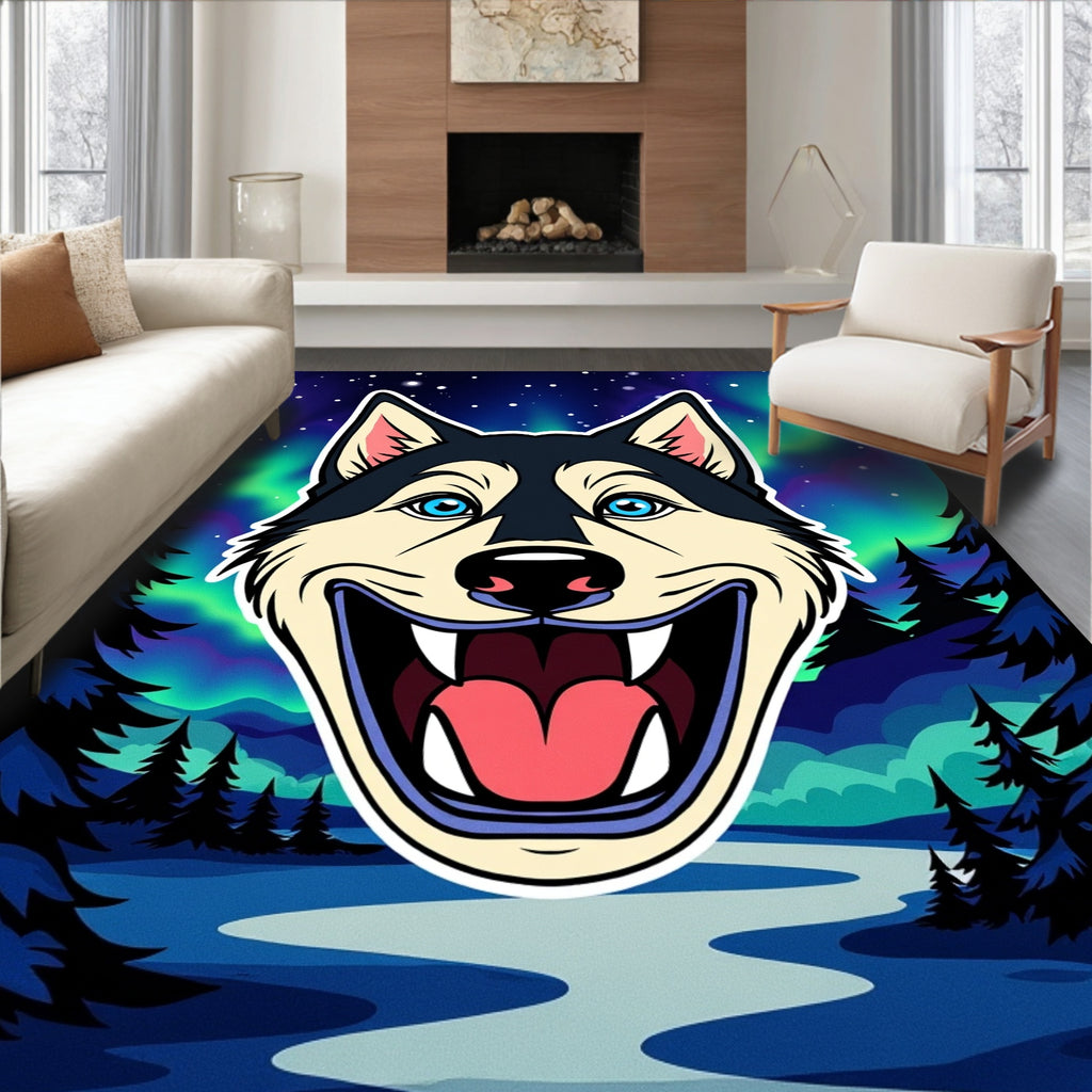 Joyful Husky Under Aurora Sky Rug