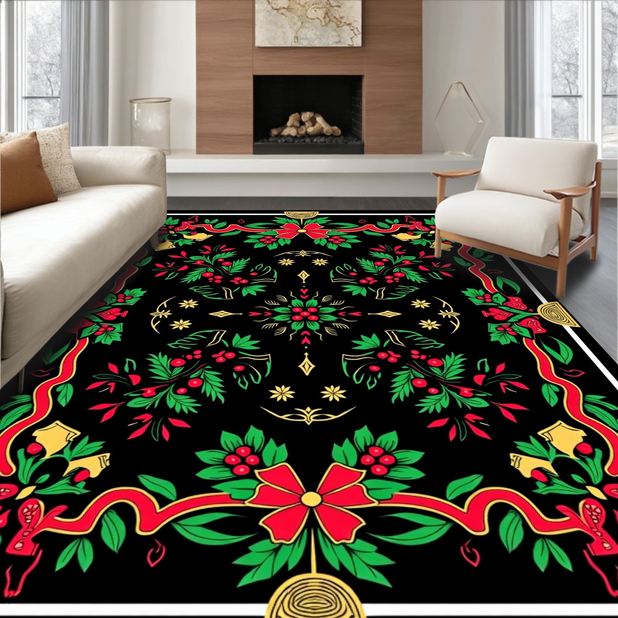 Festive Red Green Holly Berries Rug