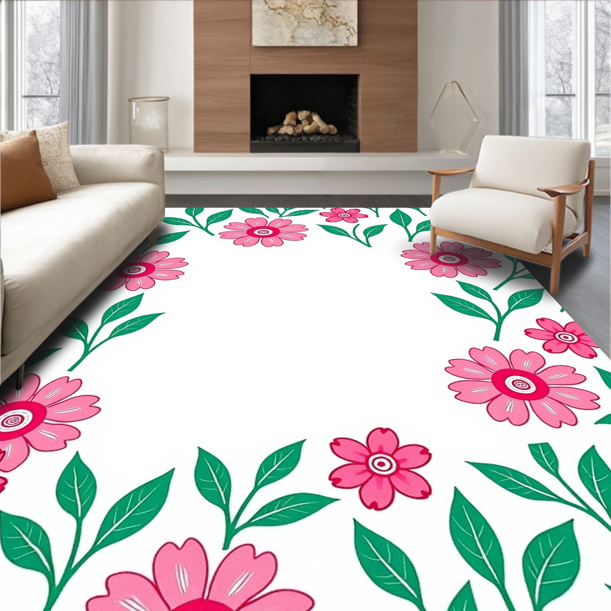 Pink Floral Garden Border Rug