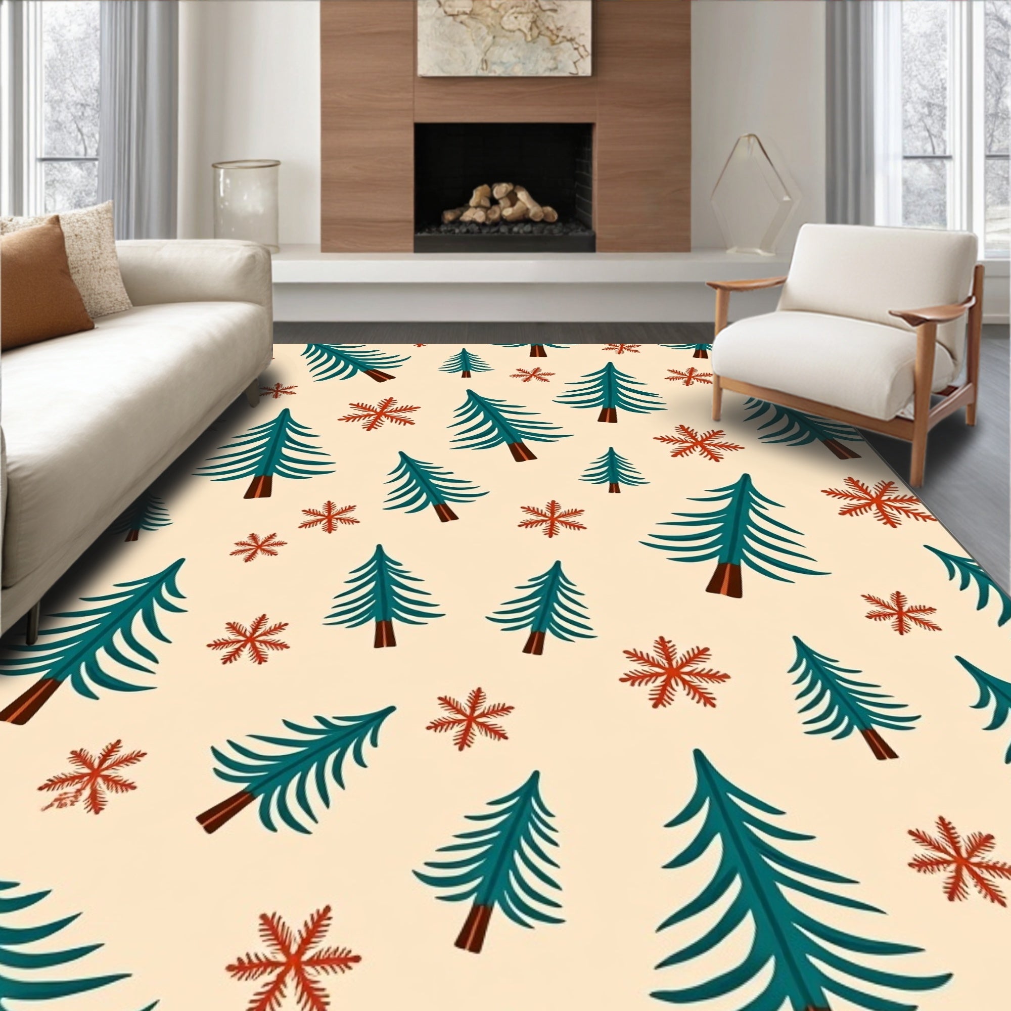 Teal Pine Snowflakes Beige Background Rug