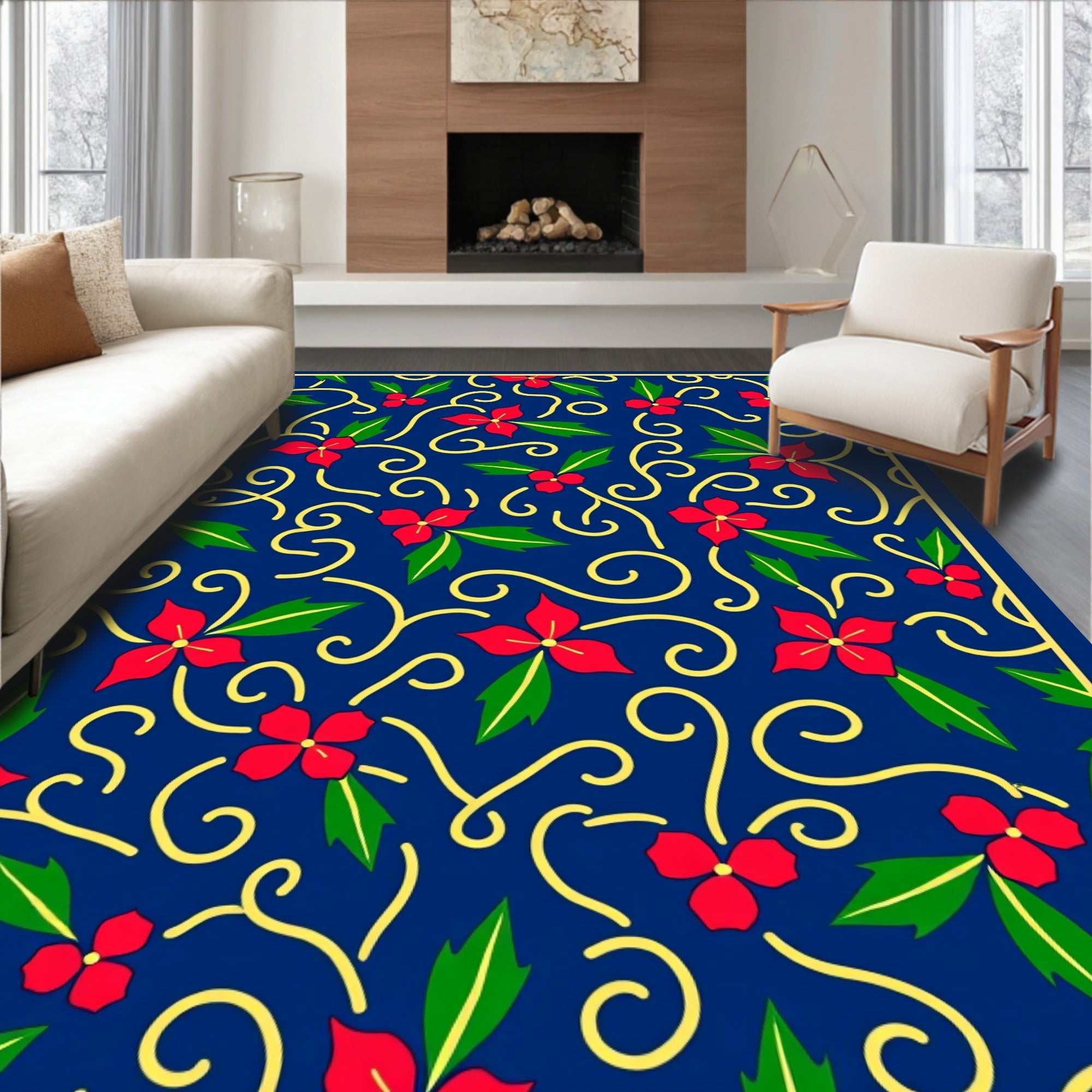 Navy Red Floral Swirl Botanical Rug