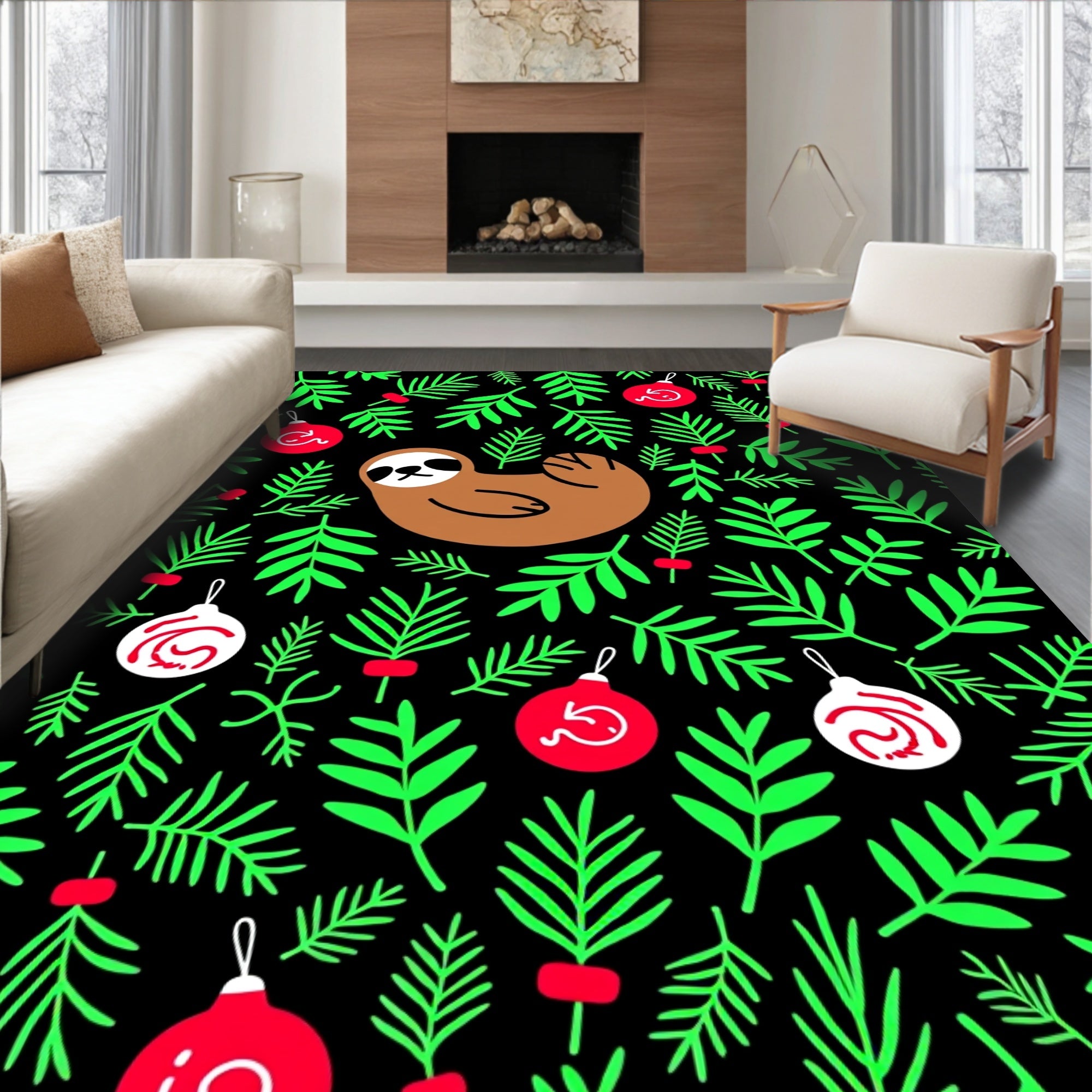 Cute Sloth and Red Ornaments Garden Rug