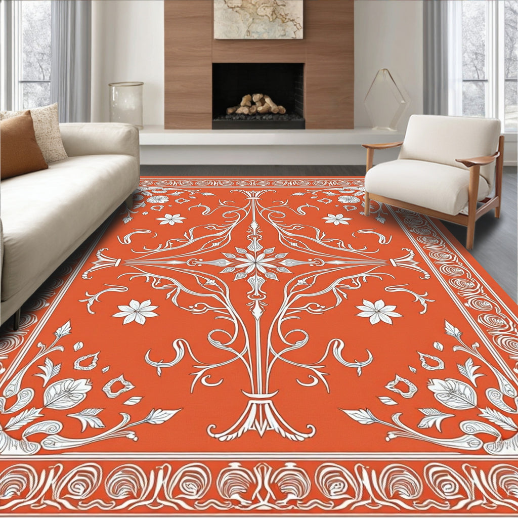 Vibrant Orange Floral Scroll Work Rug