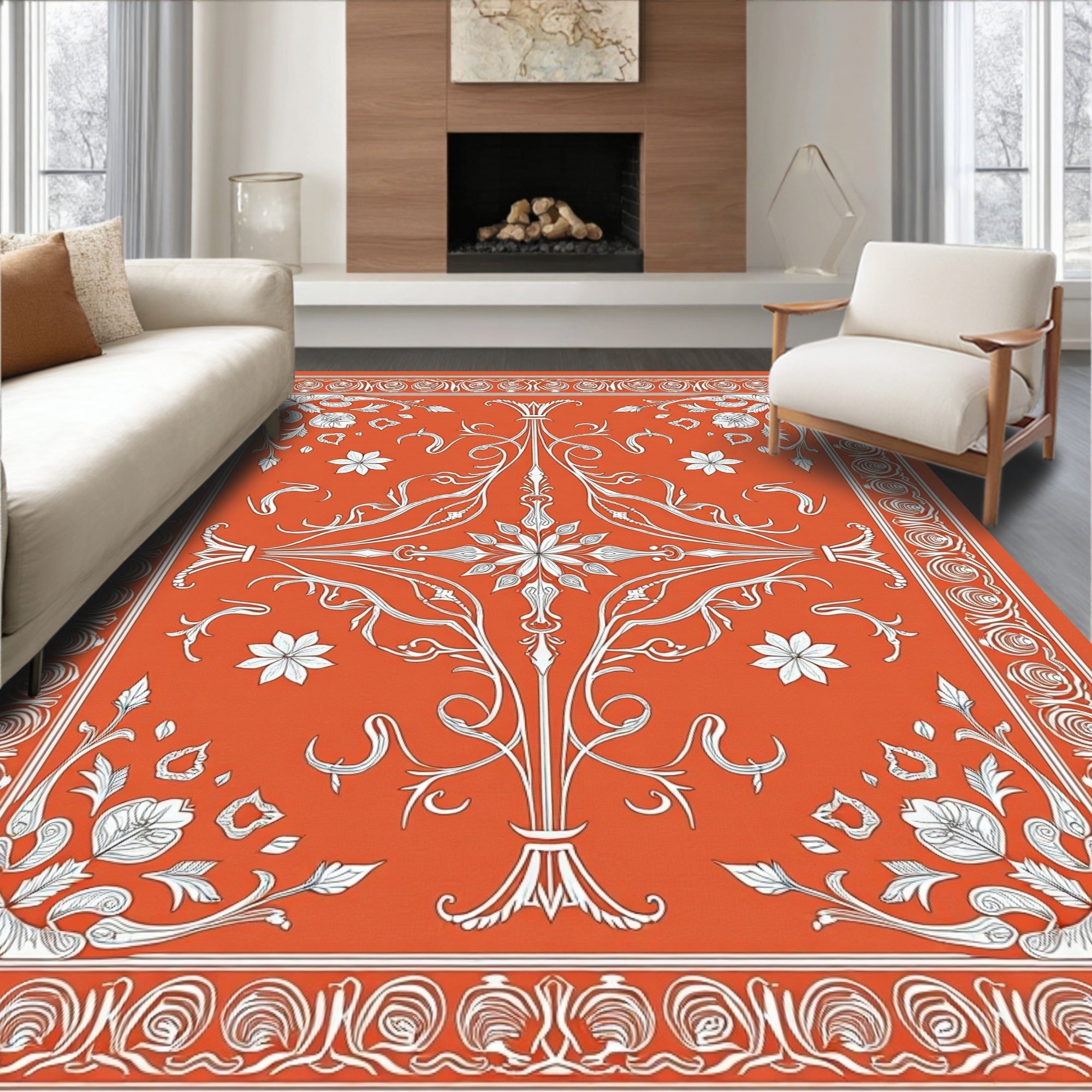 Vibrant Orange Floral Scroll Work Rug
