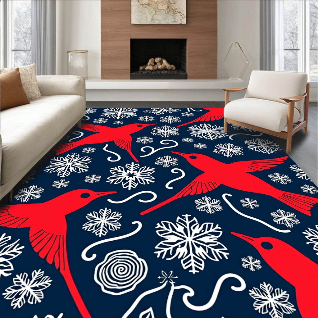 Red Cardinal Snowflakes Navy Scene Rug