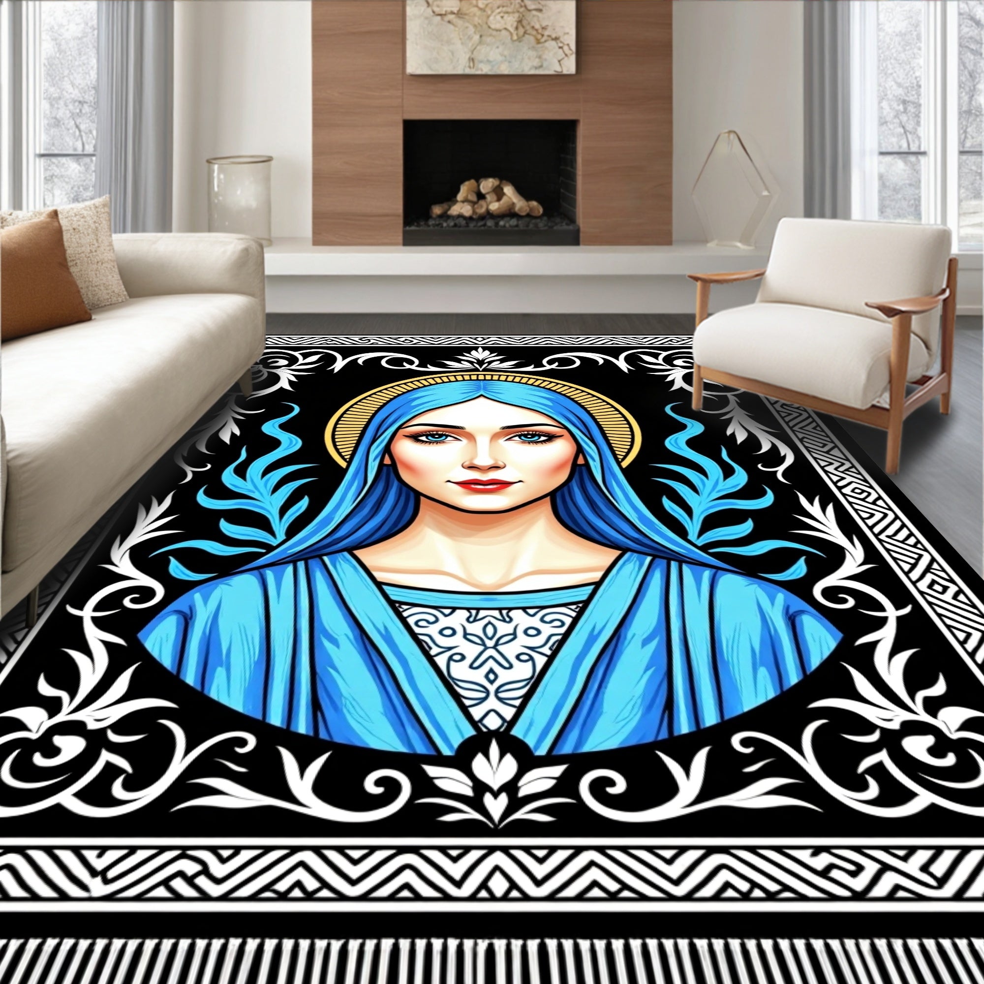 Radiant Blue Virgin Portrait Emblem Rug
