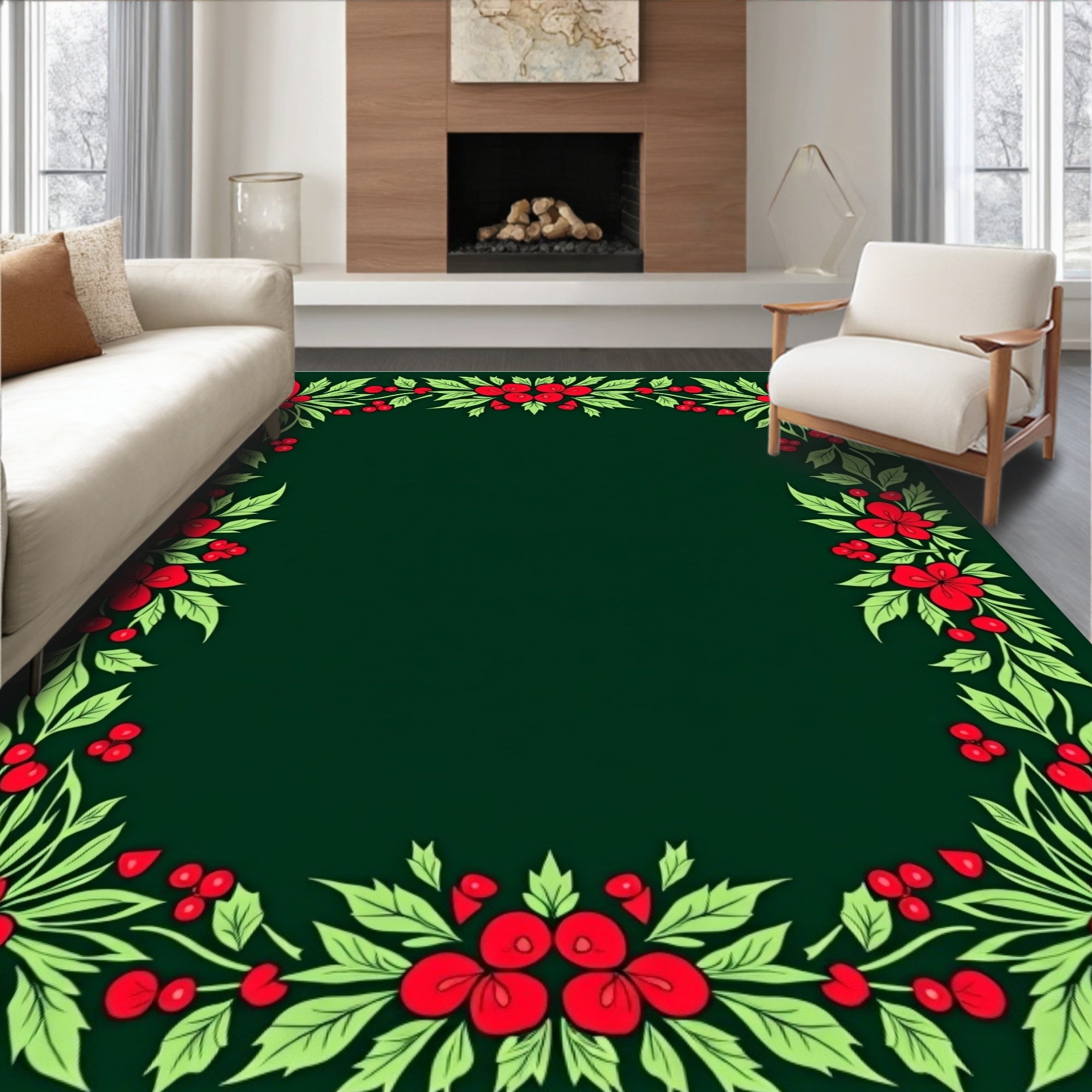 Red Leaf Berry Garland Border Rug