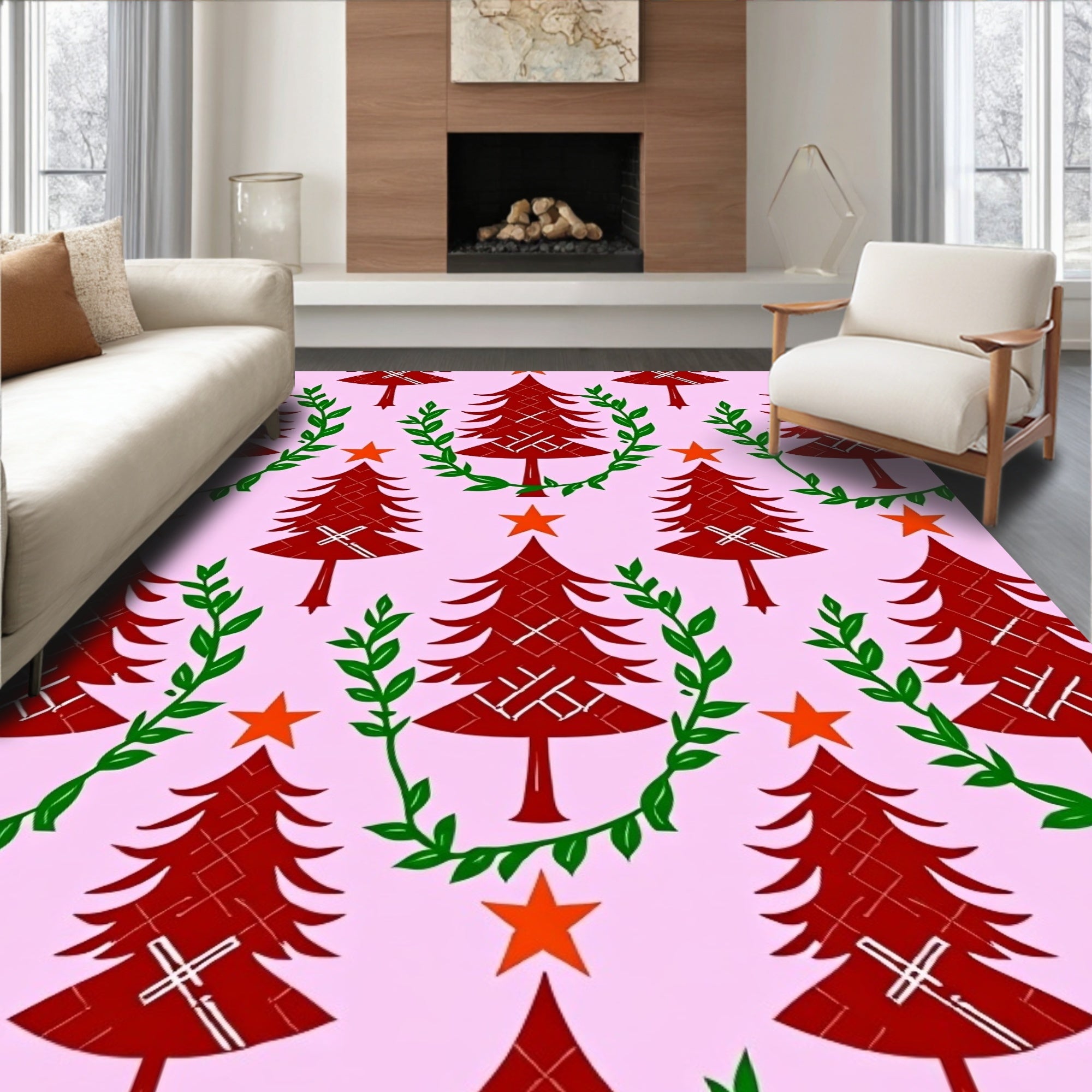 Red Christmas Trees Orange Star Garland Rug