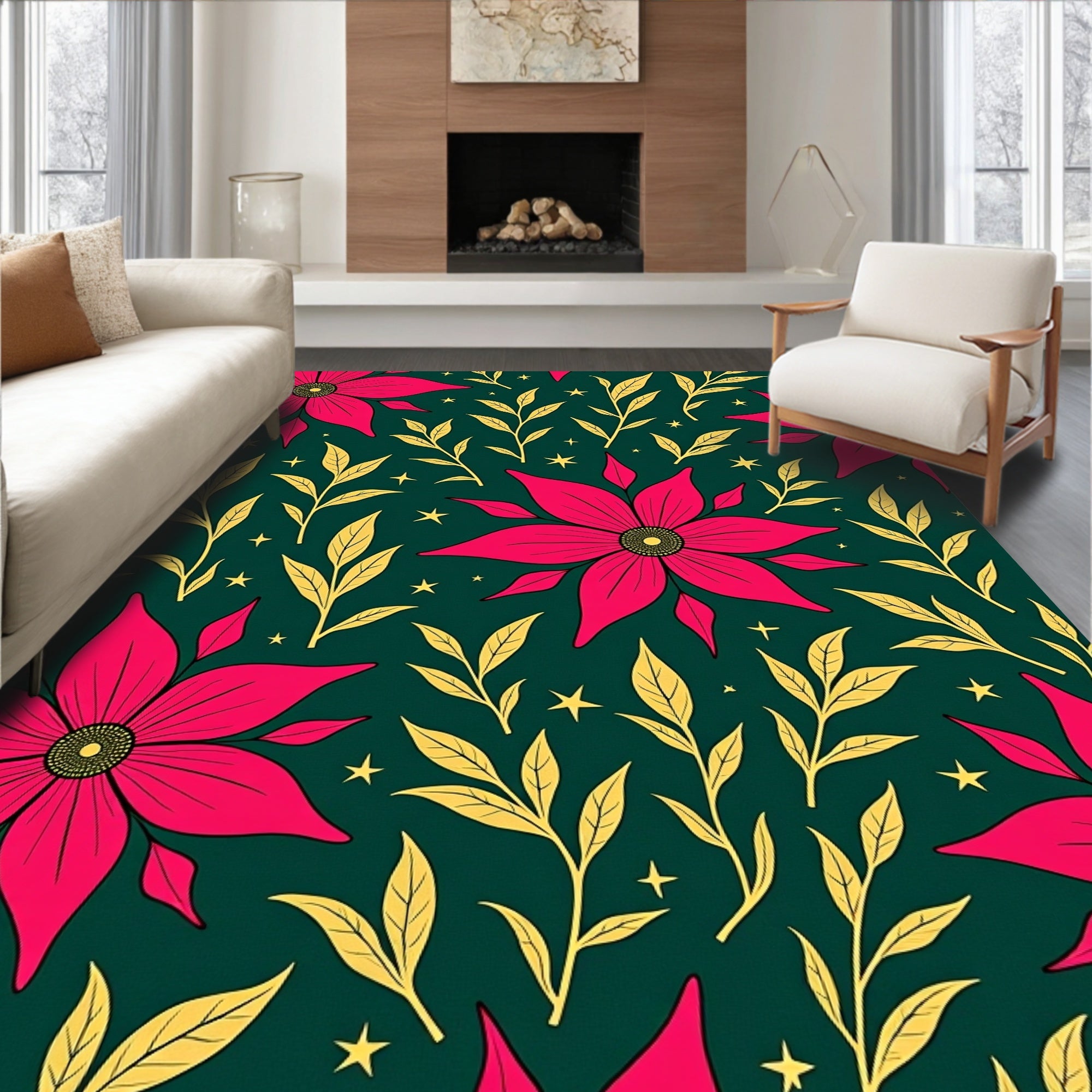 Vibrant Fuchsia Floral Leafy Branches Rug