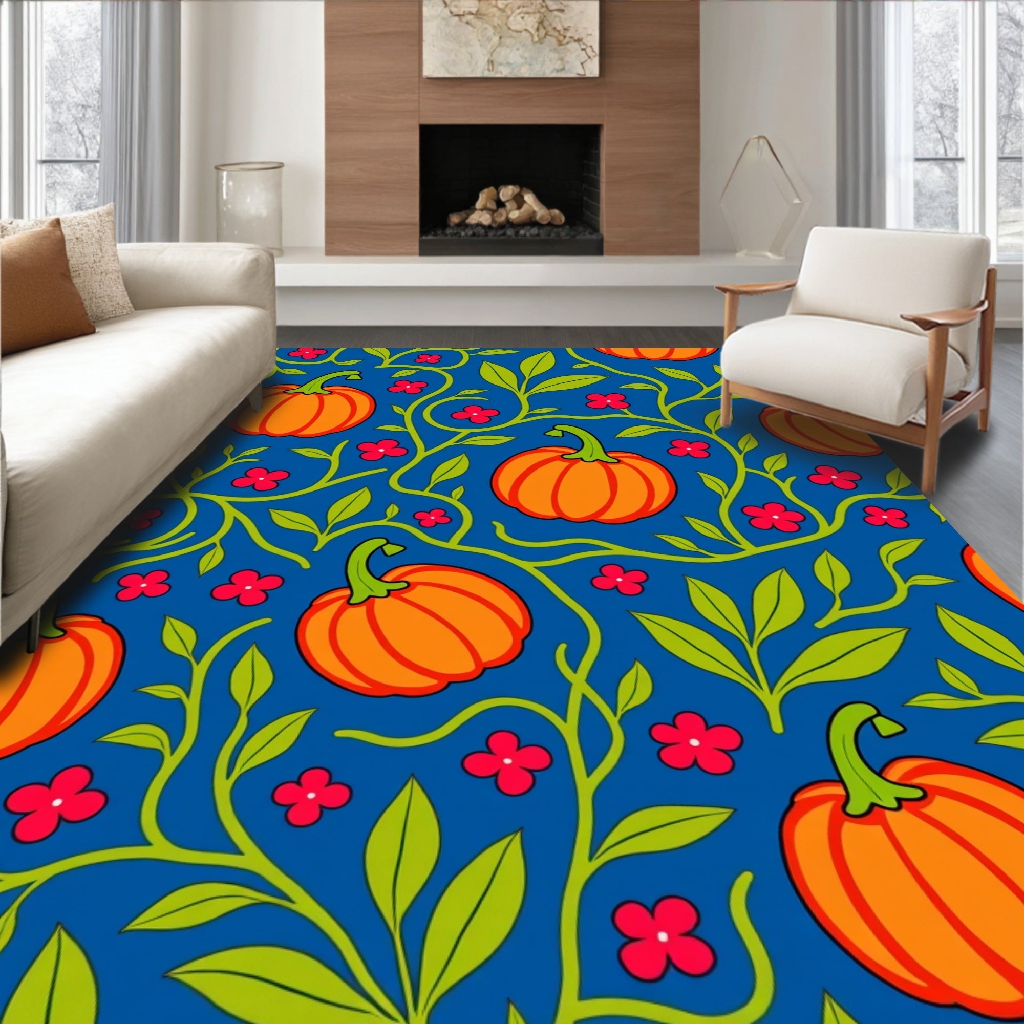 Bold Orange Pumpkin Vine Motif Rug