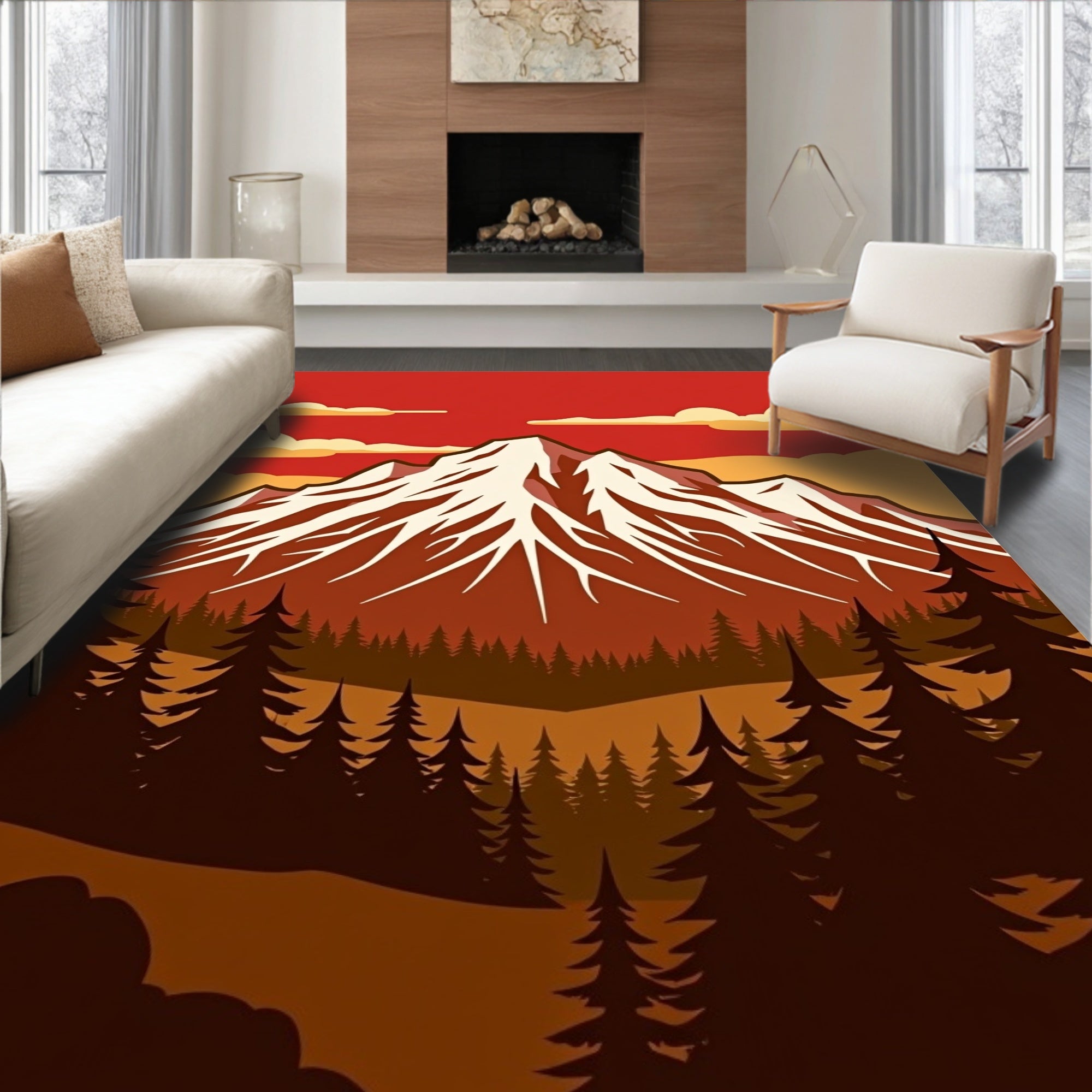 Crimson Sunset Mountain Pine Forest Rug