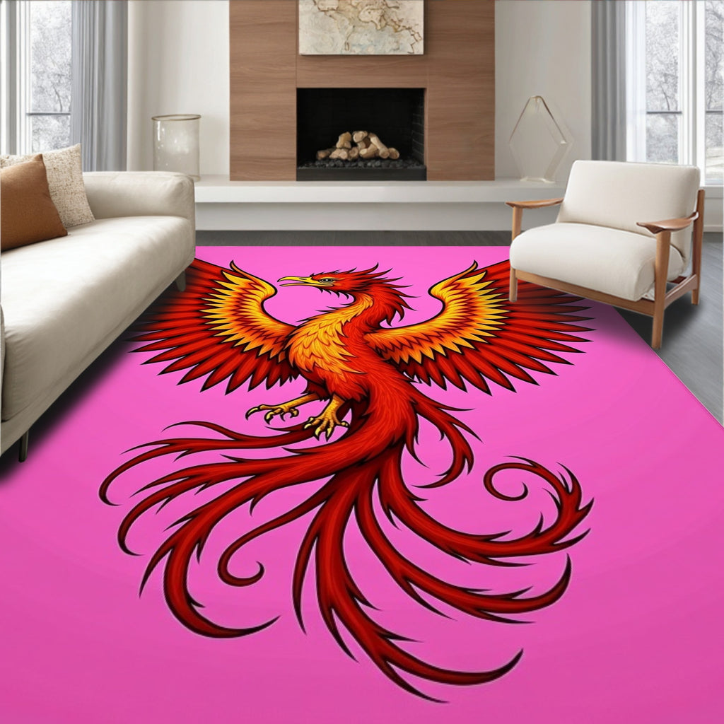 Crimson Gold Phoenix Wings Pink Background Rug