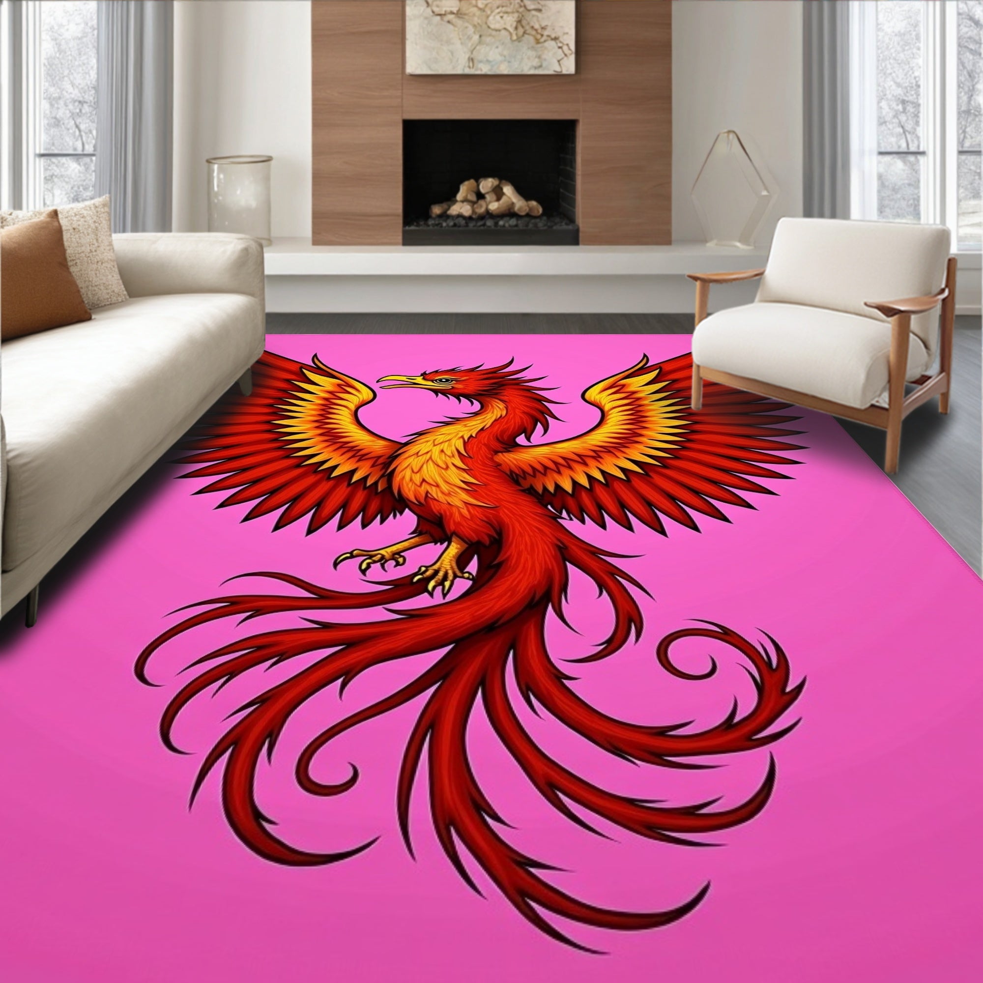 Crimson Gold Phoenix Wings Pink Background Rug