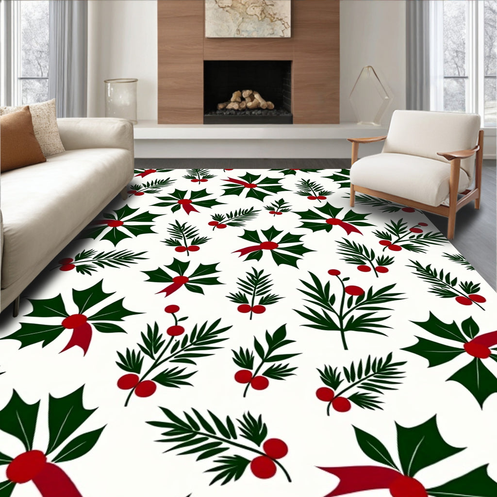 Festive Holly Berry Pine Sprig Accent Rug