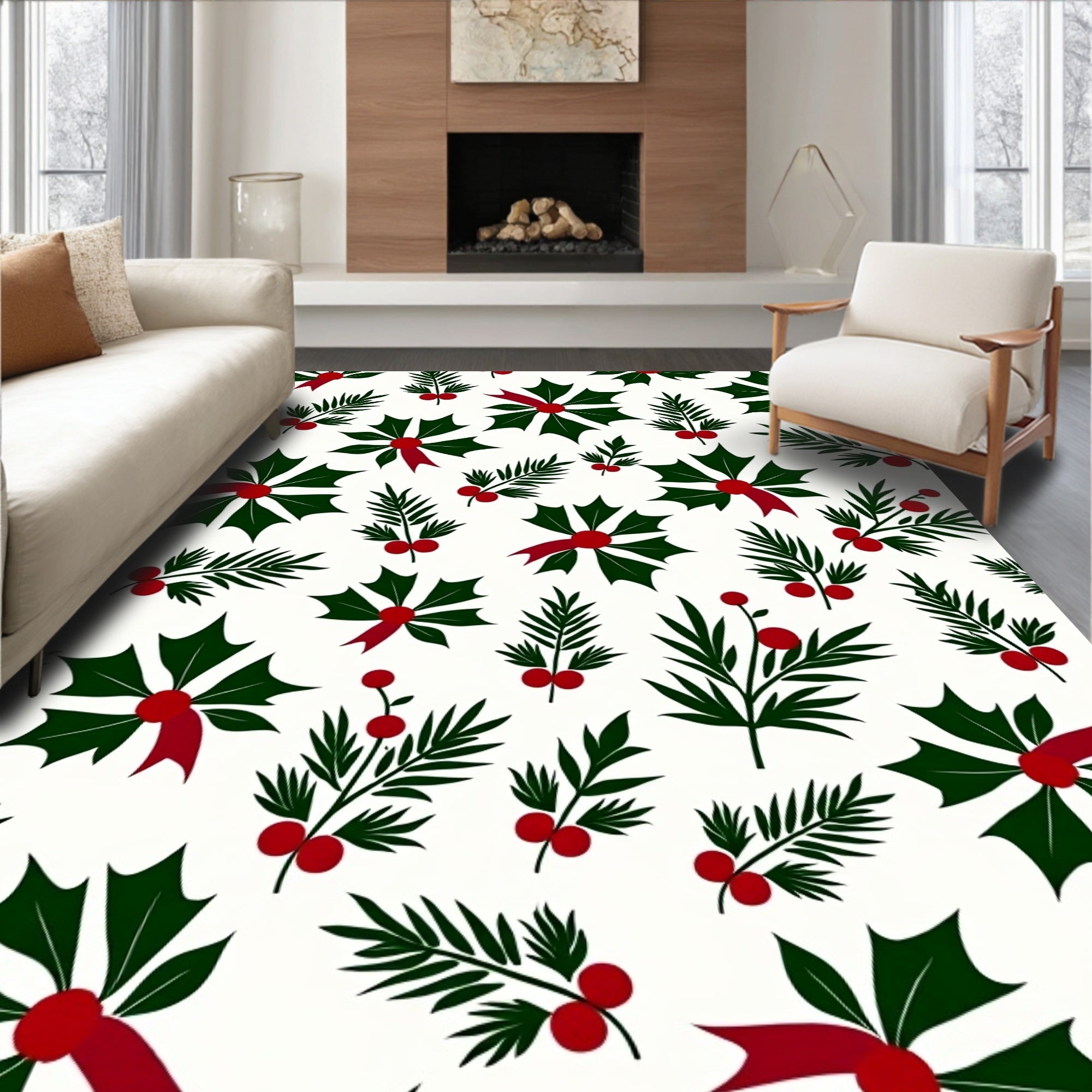 Festive Holly Berry Pine Sprig Accent Rug