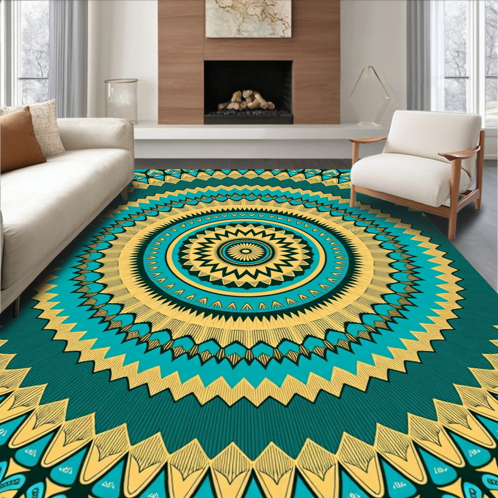 Teal Gold Radiant Mandala Rug
