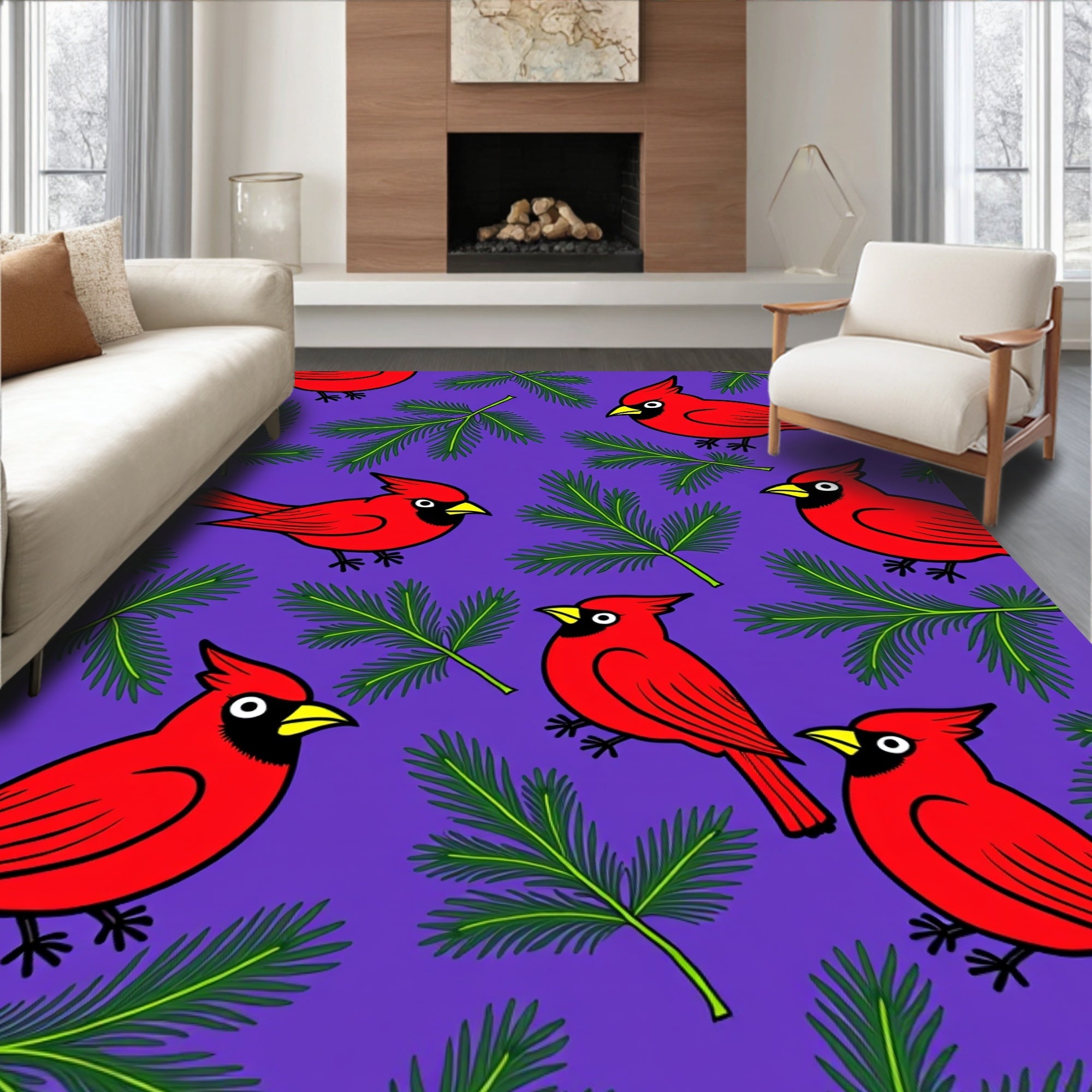 Crimson Cardinals Pine Branches Rug
