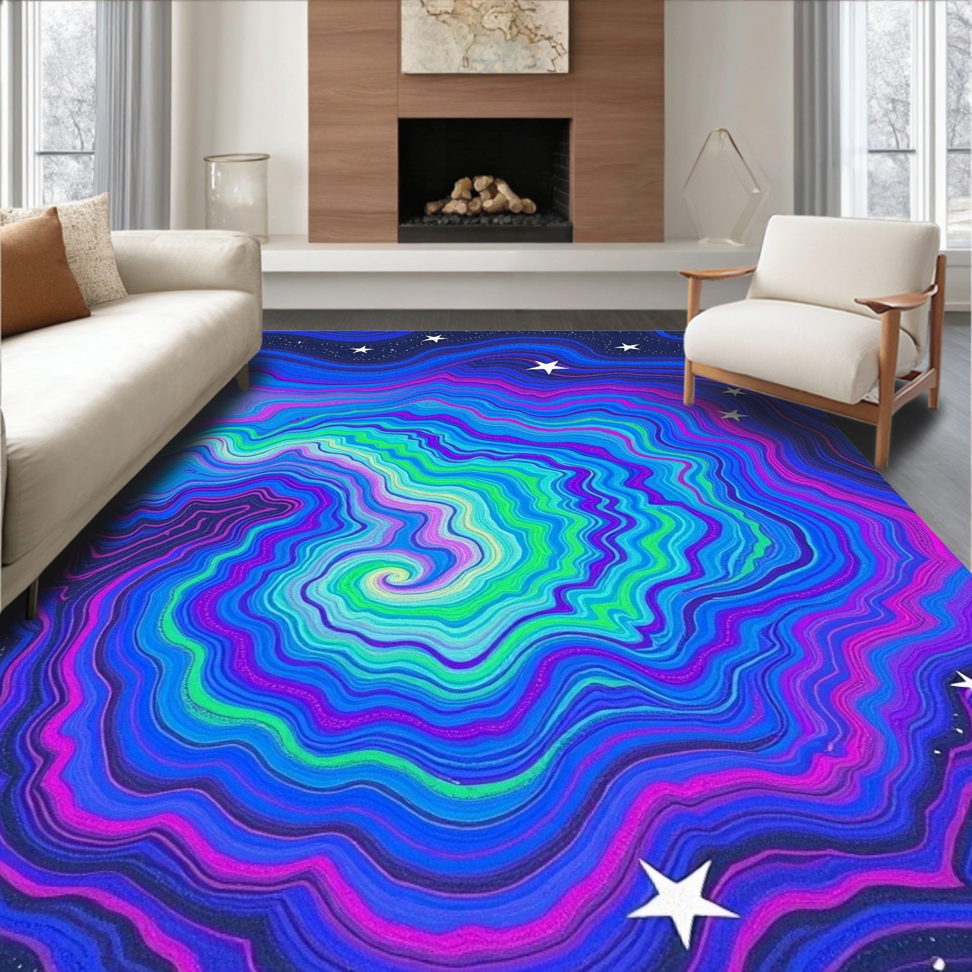 Vivid Blue Purple Green Swirl Stars Rug
